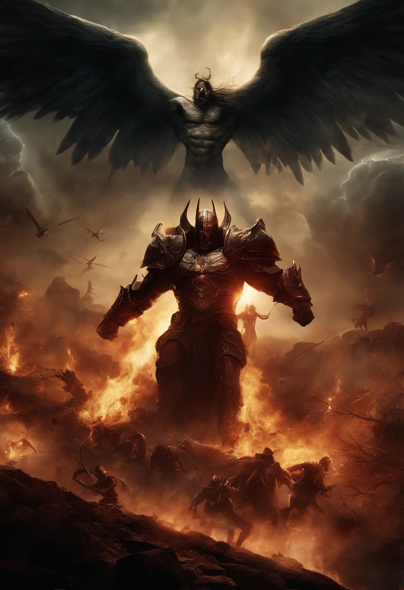 Compose a nightmarish battlefield where angels and demons wage a fierce, apocalyptic battle. Convey the chaos and brutality of this celestial showdown in vivid, disturbing detail. Mostre os anjos irradiando uma energia celestial, ethereal light as they fiercely combat the threat, grotesque demons. The atmosphere must be filled with dread and awe, as the two opposing forces engage in a battle that blurs the lines between salvation and damnation. Reveal the horror in this epic showdown, making it a truly disturbing and unforgettable spectacle