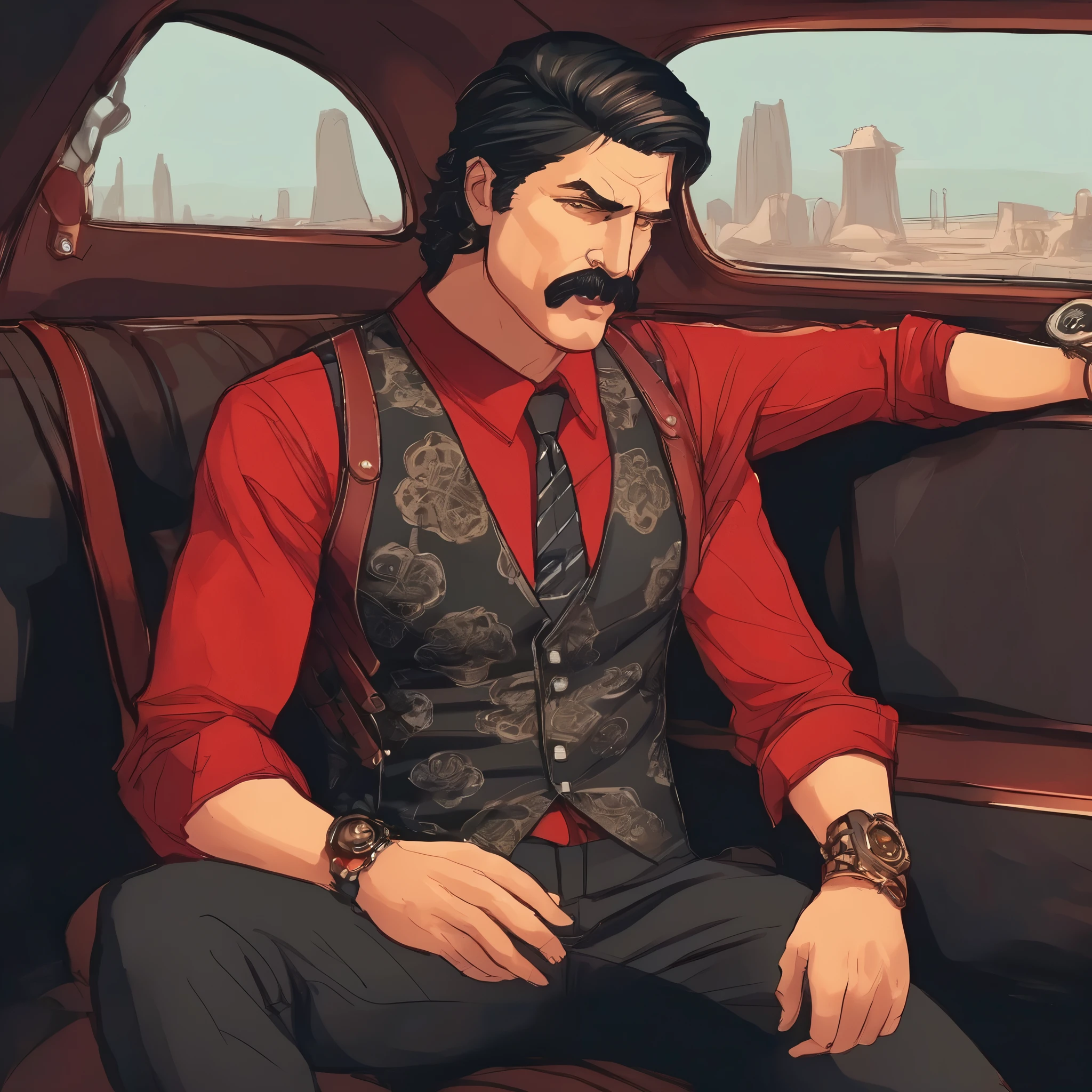 (obra maestra, Mejor calidad:1.2), 1 chico, solo, thenahualli, inside a limousine, serious, dangerous man, elegant, elegante, black vest, red shirt, sit