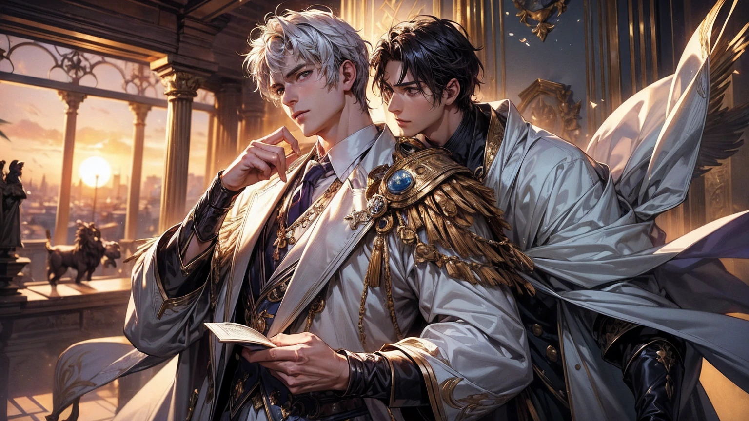 anime.Constantine the Great, Roman Emperor Constantine the Great resurrected in modern times。34 years old。one adult male。Long body。broad shoulder。thick neck。eyes like a lion。Bright and sharp eyes。Looking here。Sincere and kind。Kind and reliable。Deal with it sternly if necessary.。talented and hardworking businessman。successful gentleman。careerist。he is wearing a high quality white suit。dark purple tie。Light purple shirt。forceful。An overwhelming sense of control。romance novel hero。Bold composition。look up to。lyrical。Dramatic。heartful。Romantic。opulent。elegan。elegance。Venice background in the sunset。masterpiece。top-quality。Super beautiful。The ultra -The high-definition。detaileds。exquisite。