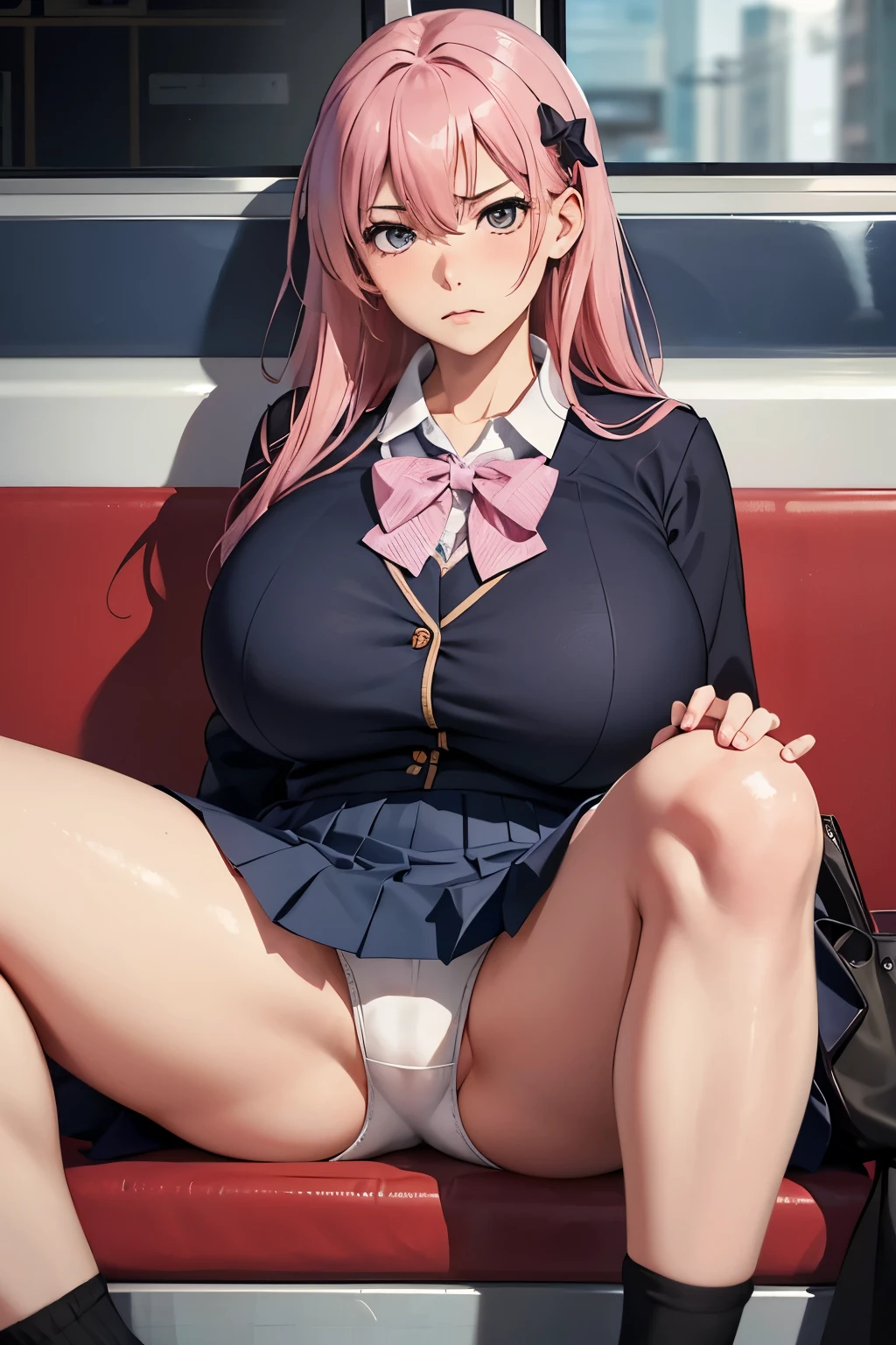 1 girl, alone, (table top, highest quality:1.2), realistic, Ultra-realistic, formal, detailed face, face focus, mature women, mature woman, Chubby, very(large breasts, huge breasts:1.4), Blake Honoka, pink hair, hair ornaments,   covered nipples，please sit down、spread your legs、(White panties that bite into:1.4)、show off、(high school uniform)、(dark blue pleated skirt)、(wear black socks)、She sits in a long seat on a train with her legs open、displeased look