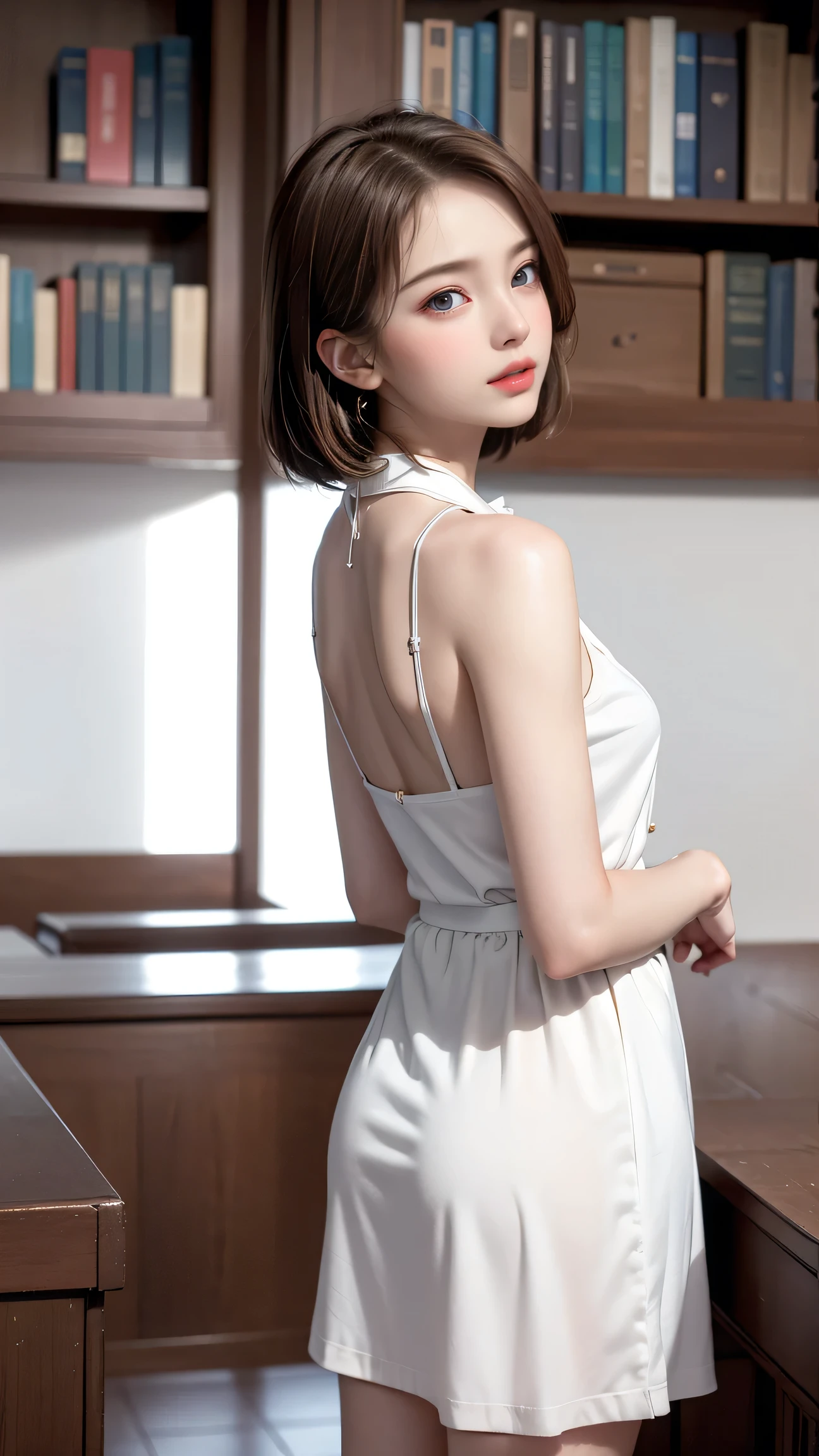 (A girl standing in front of a bookshelf in a library)、(Back view)、(Looking back)、Top quality work、Actual work、Ultra Premium Graphics、8K HD CG Works、High quality graphics、High-definition CG works、10x pixels、Extremely fine detail：1. 1，Advanced Technology：1.1. PhotoReal，Indoor Lighting Effects：1.5，Natural light：1.5. Lighting Effects（Virtual Lighting Effects：1. 8）、（（Golden white short hair）、（Bob Hair）、Thin eyebrows、High nose、Clean red lips、Rose Cheeks、Subtle makeup face、Cute face、Perfectly balanced face、A light-toned foundation enhances the clarity of your skin.、Girls&#39; school uniform（(White jacket、Emblem on chest、White blouse、Red bow tie、Dark check flared skirt)）,40k, photograph, On the table, Highest quality, Rain Background, ((1. A girl with beautiful eyes and light hair, White skin, Mr.々A pose, （Medium sized chest,:1.1）, Highest quality, On the table, Ultra-high resolution, （Real:1.4）, RAWphotograph, （Perfect figure）, （slim:1. 3), Slim abdomen, Perfect slim figure, Dynamic Pose, one person, Cold light 12000K, The texture of the face and skin is very fine, Fine grain, Realistic eyes, Beautiful fine grain, (Real skin), charm, Ultra-high resolution, Surreal, Very fine, Very detailed, 