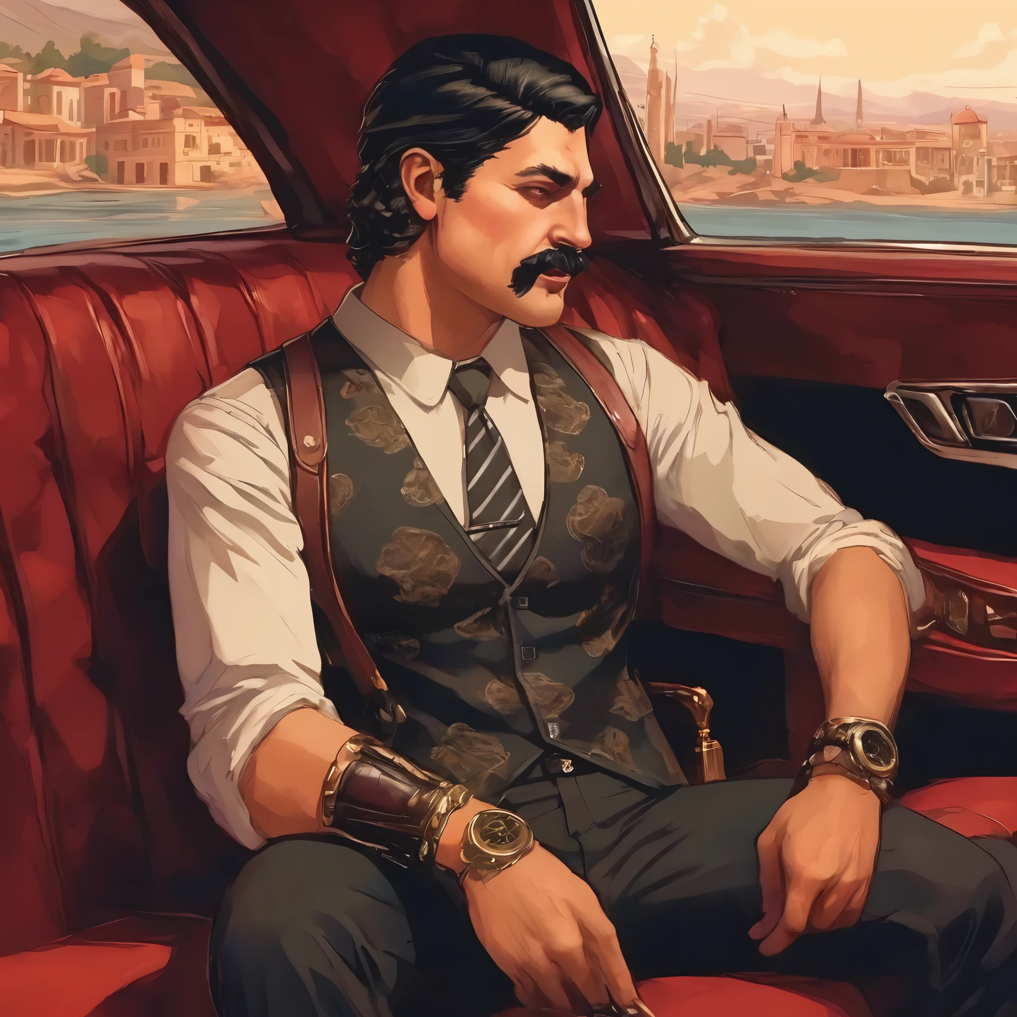 (obra maestra, Mejor calidad:1.2), 1 chico, solo, thenahualli, inside a limousine, serious, dangerous man, elegant, elegante, black vest, red shirt, sit