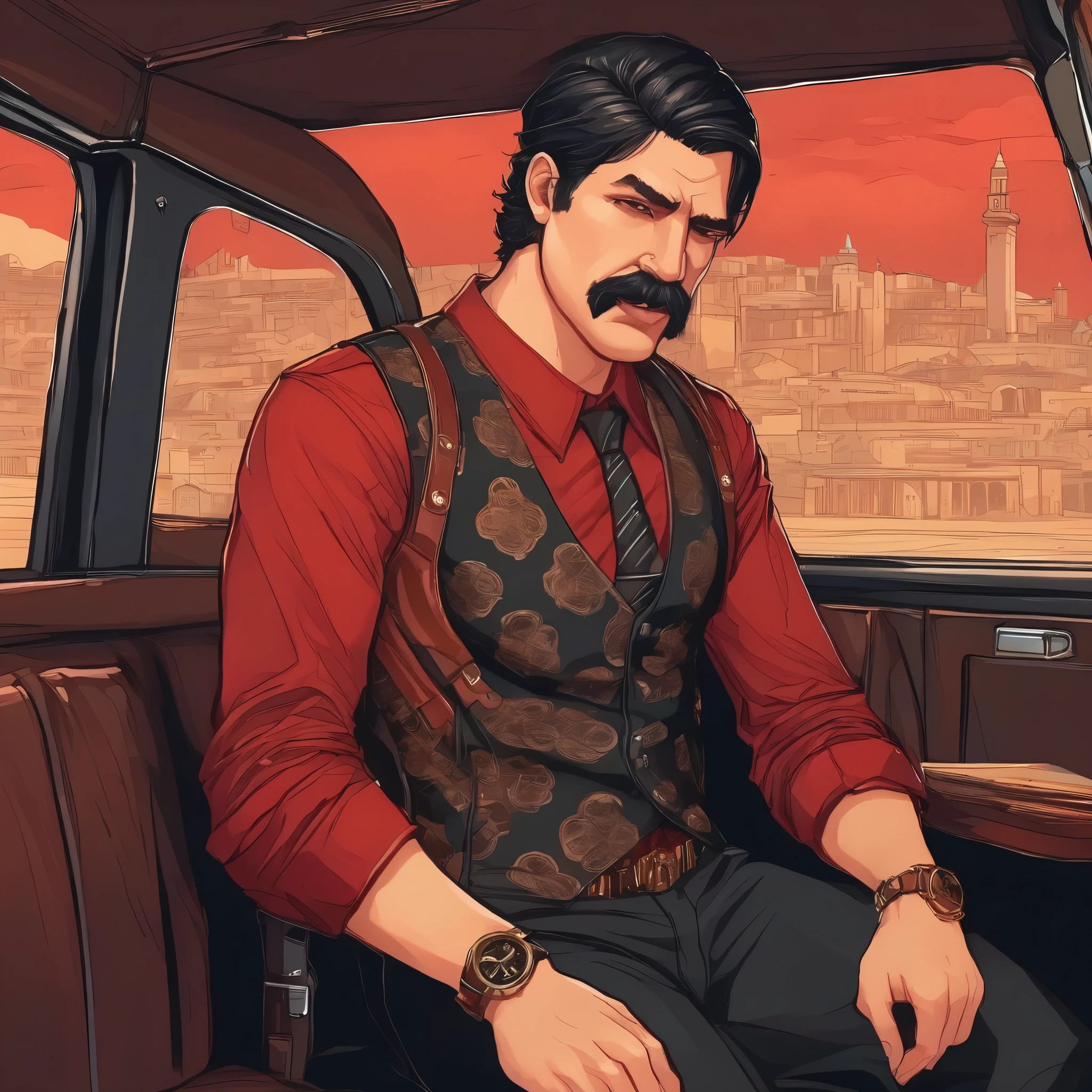 (obra maestra, Mejor calidad:1.2), 1 chico, solo, thenahualli, inside a limousine, serious, dangerous man, elegant, elegante, black vest, red shirt, sit