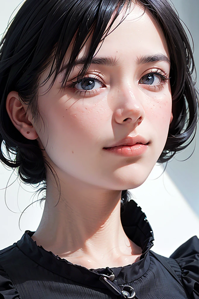 "(highest quality,8K,High resolution,masterpiece:1.2),Super detailed,(realistic,photorealistic,photo-realistic:1.37),(Realistic:1.37),A beautiful Italian woman、dark short hair,Jet-black flowing hair,fringe,Deep black eyes,21 years old,Portrait of a Woman,smile,Vibrant colors,Soft lighting,Studio settings,Fine brushwork,Light Skin,Gentle expression,Subtle highlights,Thin hair bundle,A confident gaze,Classic black and white palette,Dramatic contrast,Bold composition,Mystery hint,Refined elegance,Professional Poses,Graceful posture,Perfect detail,Smooth skin texture,Perfect symmetry,Subtle background with hints of darkness,Conspiracy mood,Sublime Art