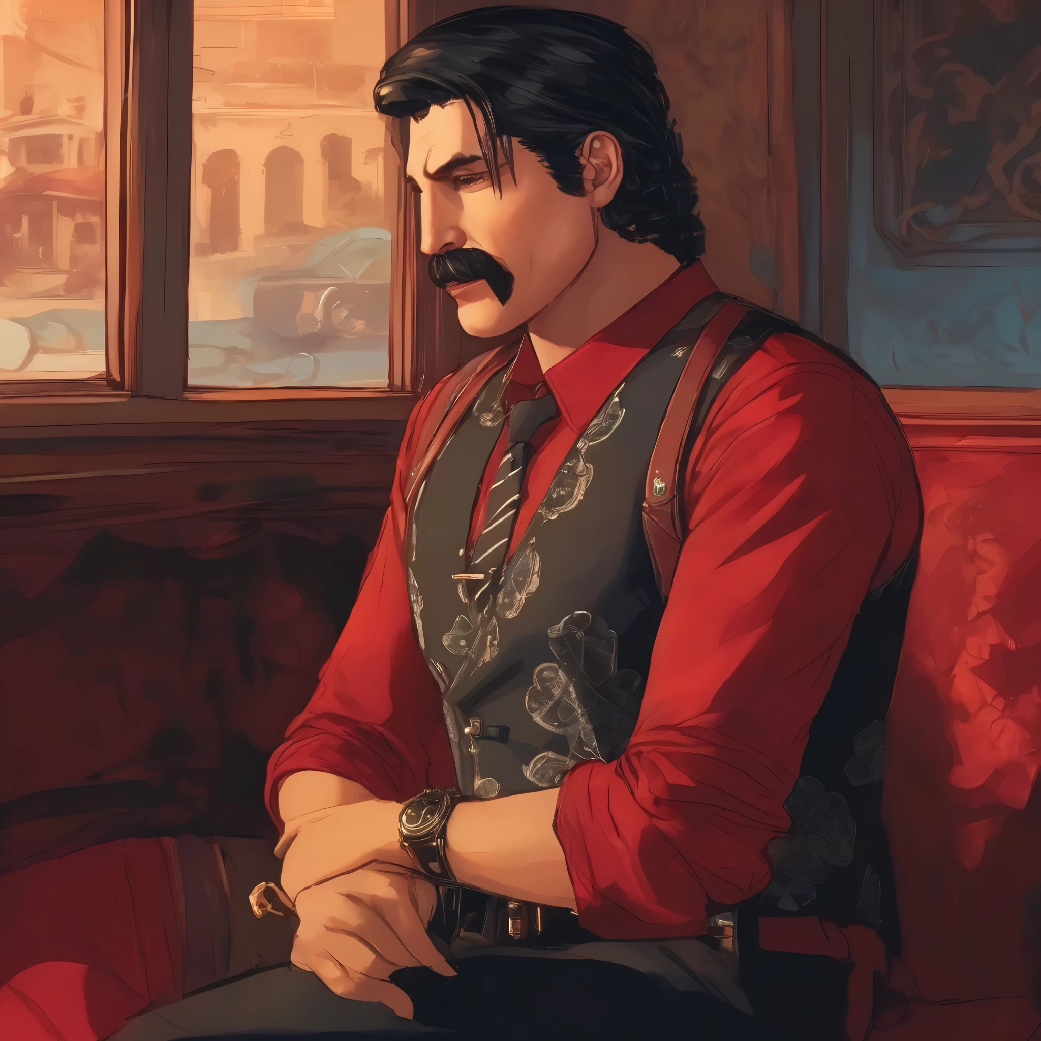 (obra maestra, Mejor calidad:1.2), 1 chico, solo, thenahualli, inside a limousine, serious, dangerous man, elegant, elegante, black vest, red shirt, sit, upper body, close up