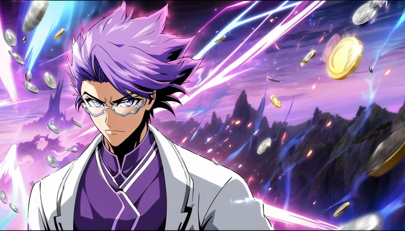 Male,violet hair,handsome,Purple outfit,silver eyes,Silver coin,Lighning effect,White jacket,Game world background,anime style,Bleach style,Silver Glasses,glossy,glow