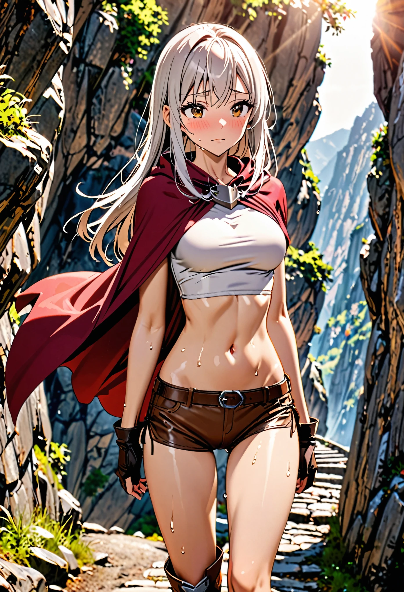 1 female,The perfect 25 years old,((ideal ratio body proportions:1.6,small head:1.7)),(tan skin),((high quality anime, 8k,masterpiece,Perfect Anatomy)),(beautiful detailed face and eyes,gorgeous eye:1.3,Almond Eyes), BREAK ,brown eyes, BREAK ,female knight、(silver hair),Straight long hair,bangs,shy,blush,Heavy breathing、 BREAK ,cowboy shot,medium breasts,slender body,skinny,sweat, BREAK ,Red cloak、A cropped sleeveless top in a rustic ecru color、Crop length、navel, Brown leather micro shorts、Brown leather long boots、walk、Mountaineering、 BREAK ,Fantasy World、Steep mountain roads、sunlight、