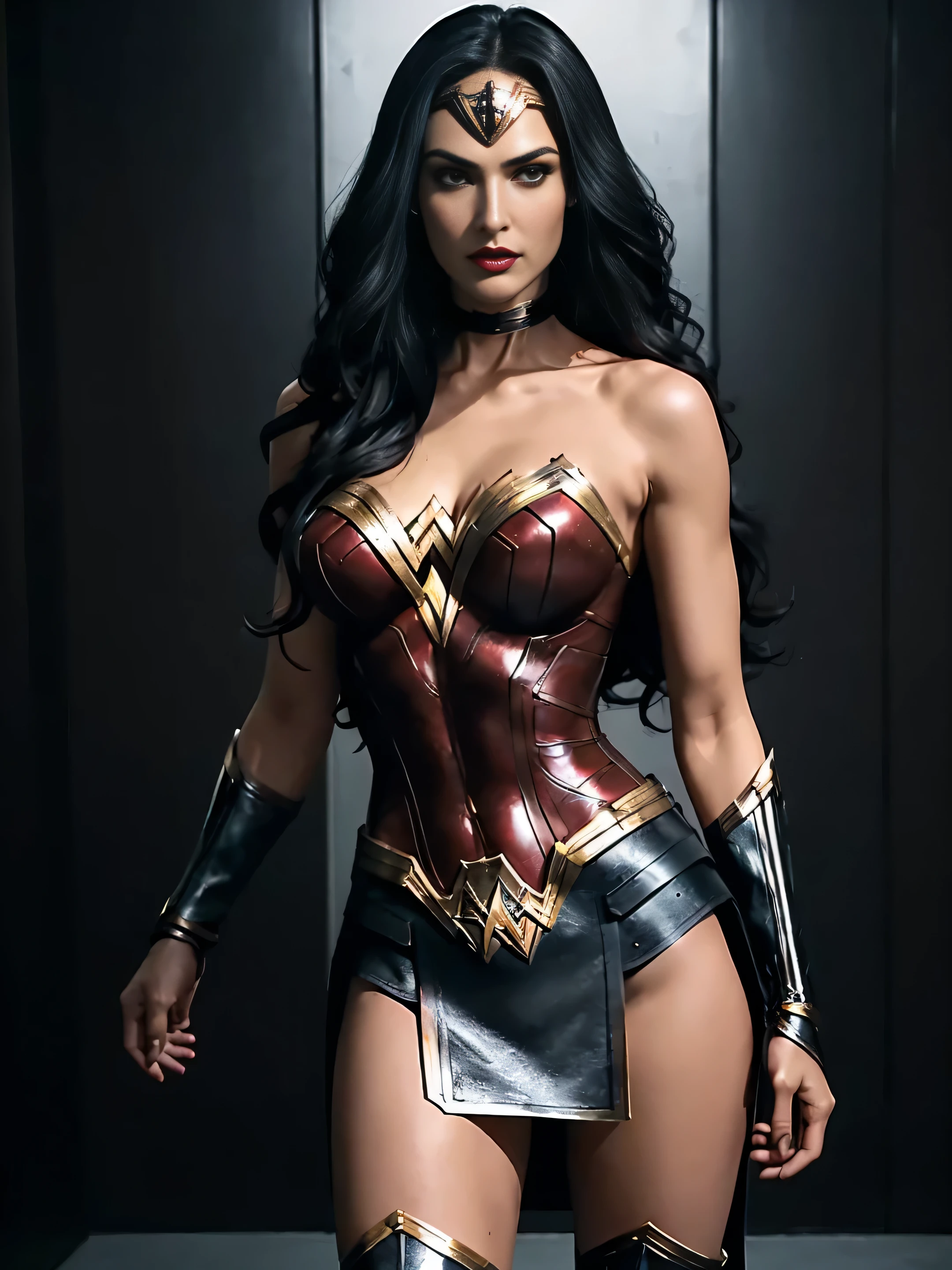 full body dark superheroine alias wonder woman, dark leather outfit, leather boots photorealistic, black long hair, black eyes, red lips, perfect hands, perfect legs, perfect breast, detailed hands, perfect eyes, detailed eyes, perfect stomach, cool, measured sexy, he stands in a dark room with black steel walls with an alarmed expression