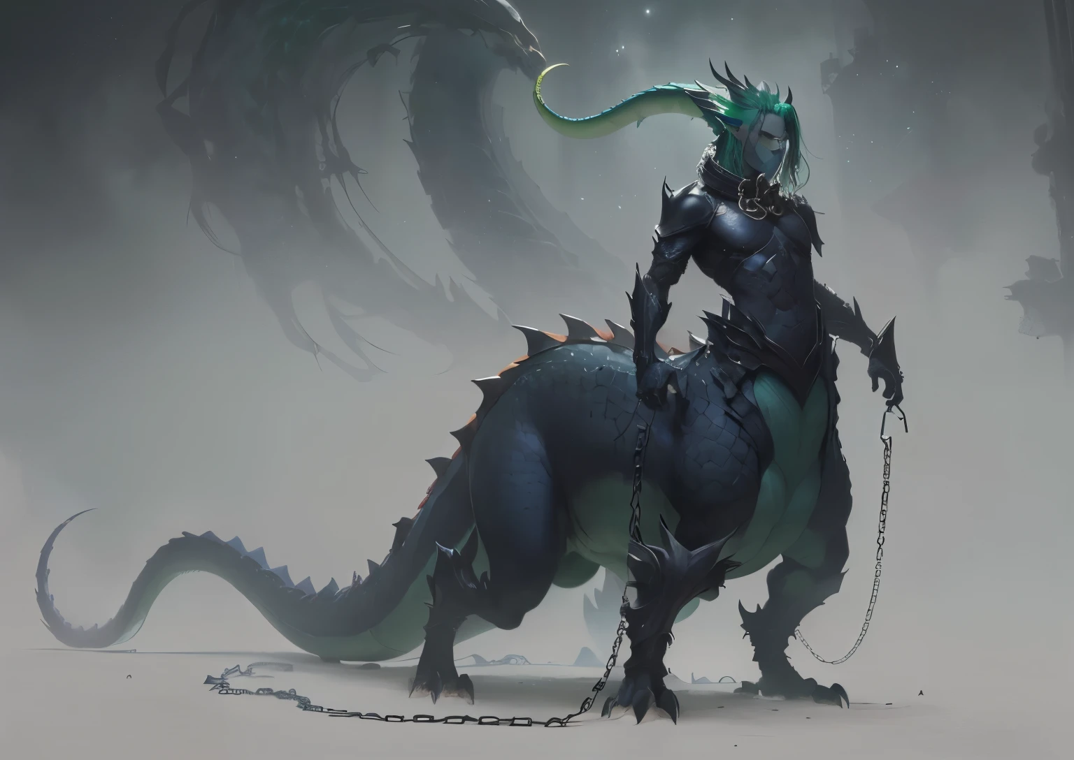 demonic creature with green hair and a chain around its neck, arte conceitual de monstro, arte conceitual de criatura, fantasy arte conceitual de criatura, conceito criatura personagem arte, projeto de criatura, conceito de criatura realista, full body dragon concept, Arte conceitual de Greg Rutkowski, criatura iminente com um longo, por Karl Kopinski, as a d & monstro, but like an anthropomorphic dragon