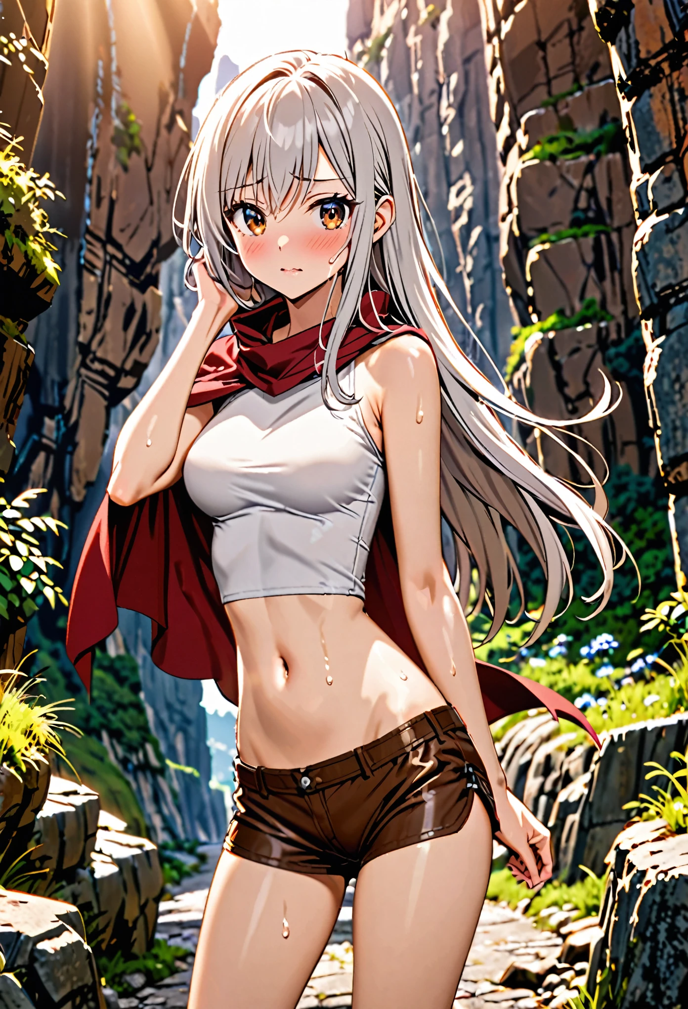 1 female,The perfect 25 years old,((ideal ratio body proportions:1.6,small head:1.7)),(tan skin),((high quality anime, 8k,masterpiece,Perfect Anatomy)),(beautiful detailed face and eyes,gorgeous eye:1.3,Almond Eyes), BREAK ,brown eyes, BREAK ,female knight、(silver hair),Straight long hair,bangs,shy,blush, BREAK ,cowboy shot,medium breasts,slender body,skinny,sweat, BREAK ,Red cloak、A cropped sleeveless top in a rustic ecru color、Crop length、navel, Brown leather micro shorts、Brown leather long bootountaineering、 BREAK ,Fantasy World、Steep mountain roads、sunlight、