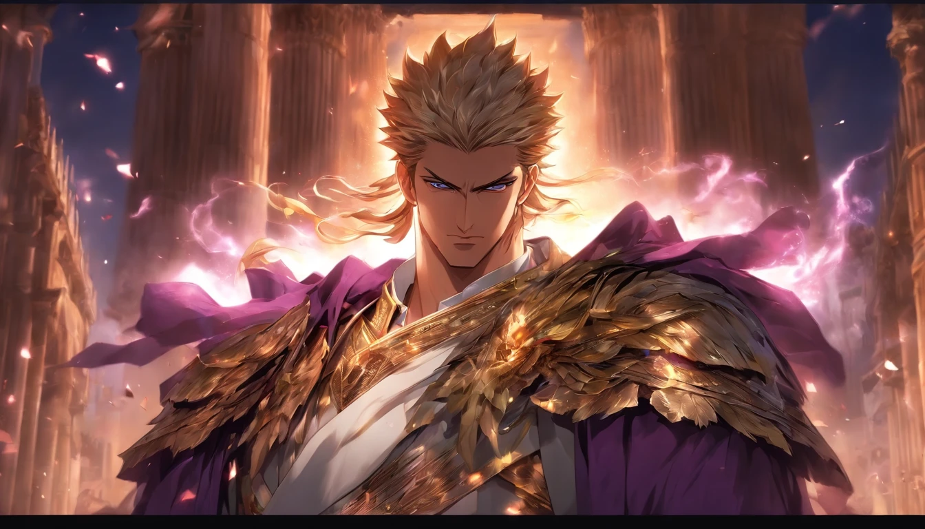anime.Constantine the Great, Roman Emperor Constantine the Great resurrected in modern times。34 years old。one adult male。Long body。broad shoulder。thick neck。eyes like a lion。Bright and sharp eyes。Looking here。Sincere and kind。Kind and reliable。Deal with it sternly if necessary.。talented and hardworking businessman。successful gentleman。careerist。he is wearing a high quality white suit。dark purple tie。Light purple shirt。forceful。An overwhelming sense of control。romance novel hero。Bold composition。look up to。lyrical。Dramatic。heartful。Romantic。opulent。elegan。elegance。Venice background in the sunset。masterpiece。top-quality。Super beautiful。The ultra -The high-definition。detaileds。exquisite。