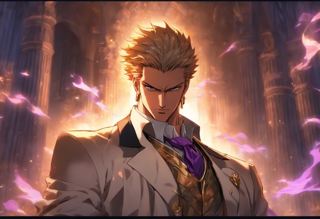 anime.Constantine the Great, Roman Emperor Constantine the Great resurrected in modern times。34 years old。one adult male。Long body。broad shoulder。thick neck。eyes like a lion。Bright and sharp eyes。Looking here。Sincere and kind。Kind and reliable。Deal with it sternly if necessary.。talented and hardworking businessman。successful gentleman。careerist。he is wearing a high quality white suit。dark purple tie。Light purple shirt。forceful。An overwhelming sense of control。romance novel hero。Bold composition。look up to。lyrical。Dramatic。heartful。Romantic。opulent。elegan。elegance。Venice background in the sunset。​masterpiece。top-quality。Super beautiful。The ultra -The high-definition。detaileds。exquisite。