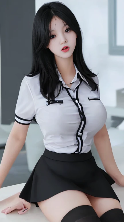 beautiful girl,black hair,big breasts,Wear a white student uniform,black short skirt,Wear short black stockings.,sexy post,On the table in the office.