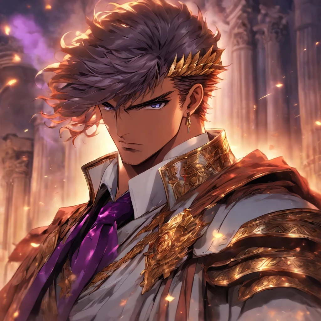 anime.Constantine the Great, Roman Emperor Constantine the Great resurrected in modern times。34 years old。one adult male。Long body。broad shoulder。thick neck。eyes like a lion。Bright and sharp eyes。Looking here。Sincere and kind。Kind and reliable。Deal with it sternly if necessary.。talented and hardworking businessman。successful gentleman。careerist。he is wearing a high quality white suit。dark purple tie。Light purple shirt。forceful。An overwhelming sense of control。romance novel hero。Bold composition。look up to。lyrical。Dramatic。heartful。Romantic。opulent。elegan。elegance。Venice background in the sunset。masterpiece。top-quality。Super beautiful。The ultra -The high-definition。detaileds。exquisite。