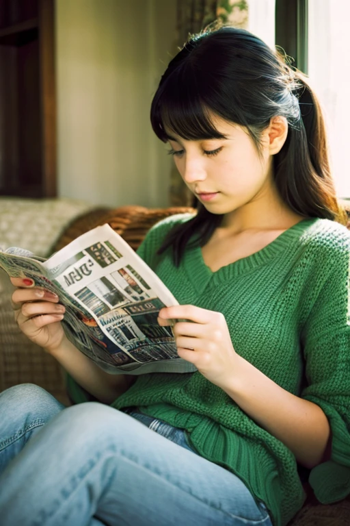 Young woman reading a newspaper Japanese