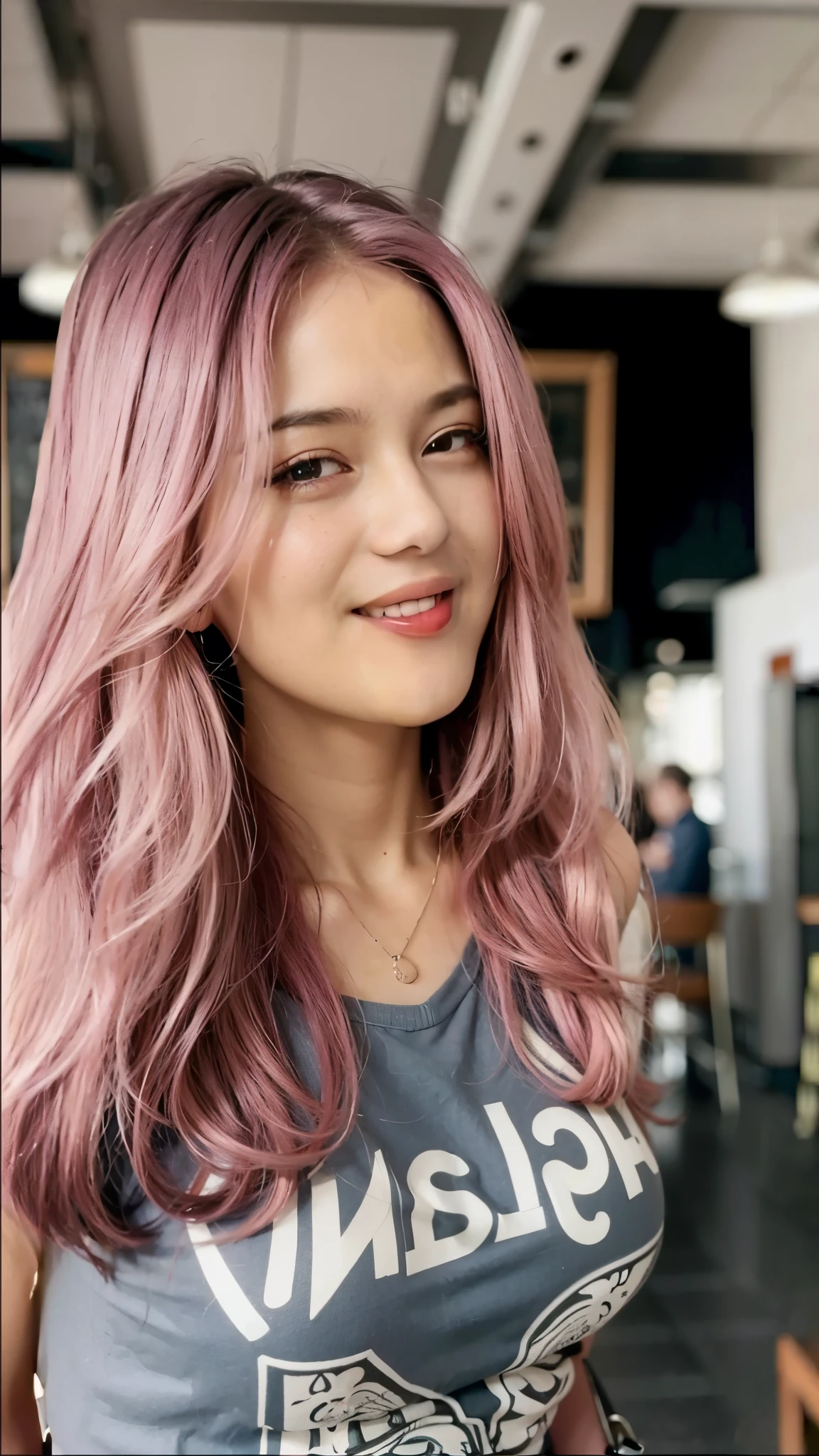 Portrait of a girl, pink hair, cafe background, dramatic lighting, (highly detailed face:1.4) (smile:0.7) (background inside dark, moody, private study:1.3) POV, by lee jeffries, nikon d850, film stock photograph ,4 kodak portra 400 ,camera f1.6 lens ,rich colors ,hyper realistic ,lifelike texture, dramatic lighting , cinestill 800