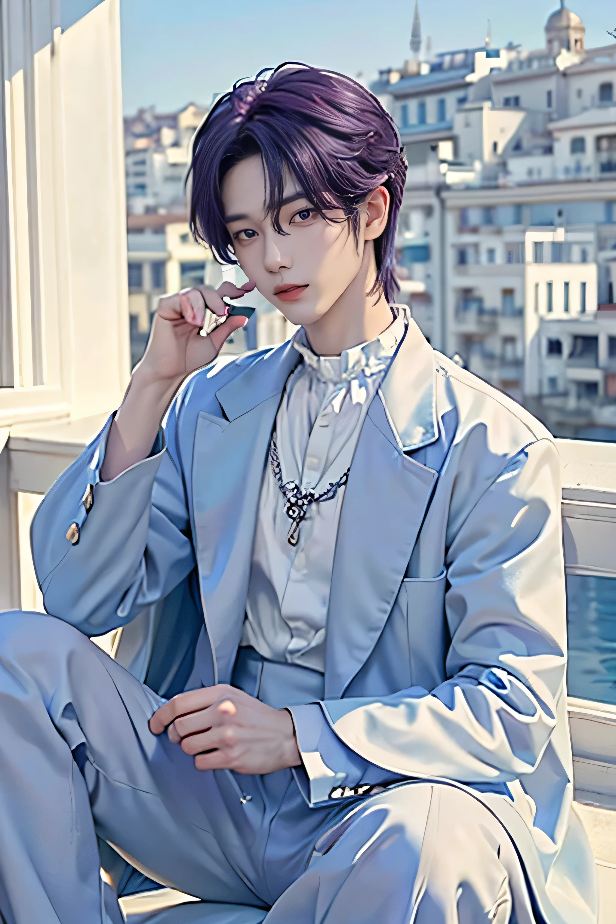 masterpiece、(de primera calidad)、((calidad de imagen de alto nivel))、Un chico varonil、cuerpo delgado、((prince suit in light blue and white colors.))、(Hermosos ojos detallados)、Fondo de palacio、sentado en el trono、Cara similar a Sunoo en Enhypen、((pelo corto encima de las orejas y de color morado))、((smaller face))、((cara amigable))、((Pelo morado y ojos violetas))、((chico coreano))、((16 years))、((hombre guapo))、((mirada dulce))、((maquillaje coreano))、((ojos alargados y agudos))、((Sit facing the viewer))、((Fotografiarlo desde lejos))