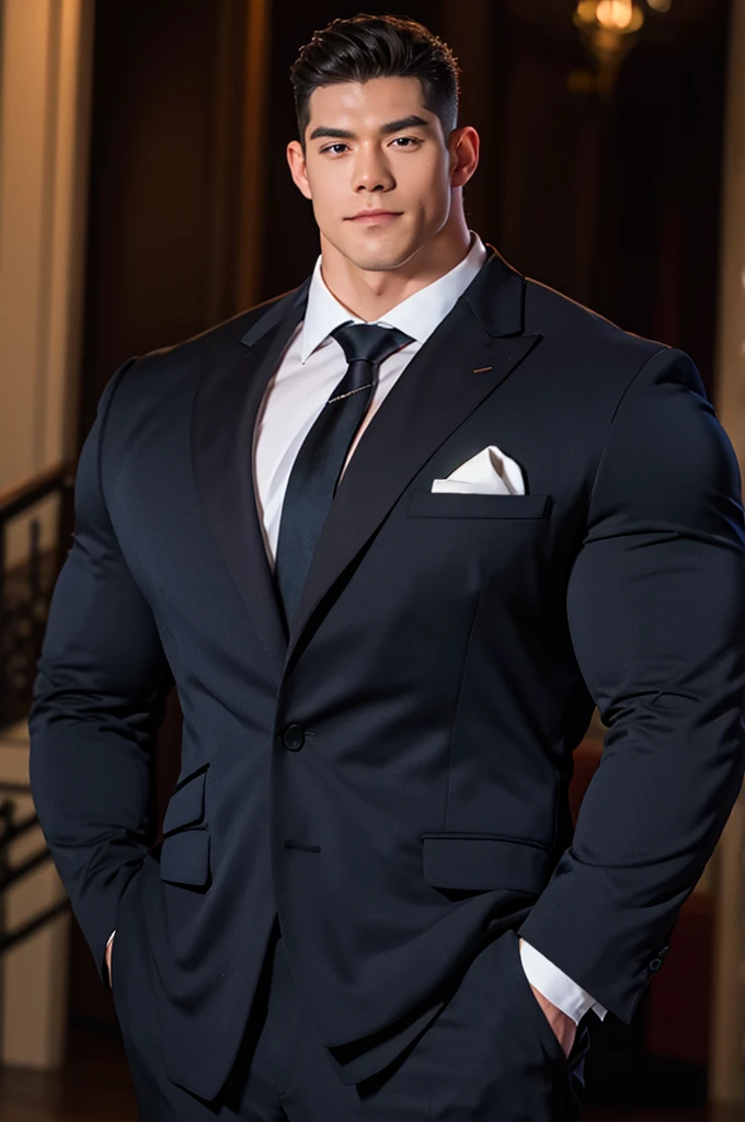 best quality，A muscular man in a suit，（（Formal wear）），front Photo，Huge muscles，Thick arms，tall，Super strong，exaggerated physique，8K，Ultra HD，Perfect details