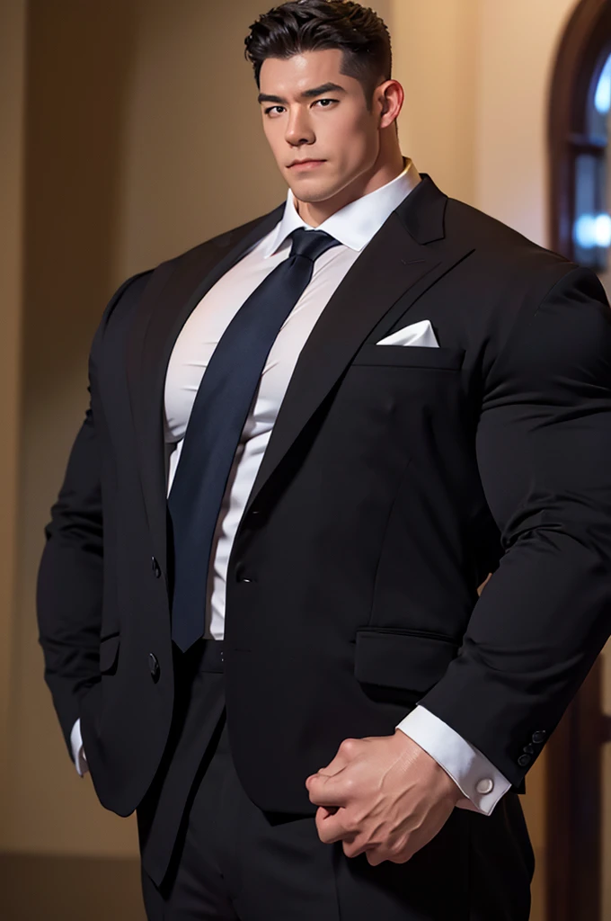 best quality,A muscular man in a suit,((Formal wear)),front Photo,Huge muscles,Thick arms,tall,Super strong,exaggerated physique,8K,Ultra HD,Perfect details