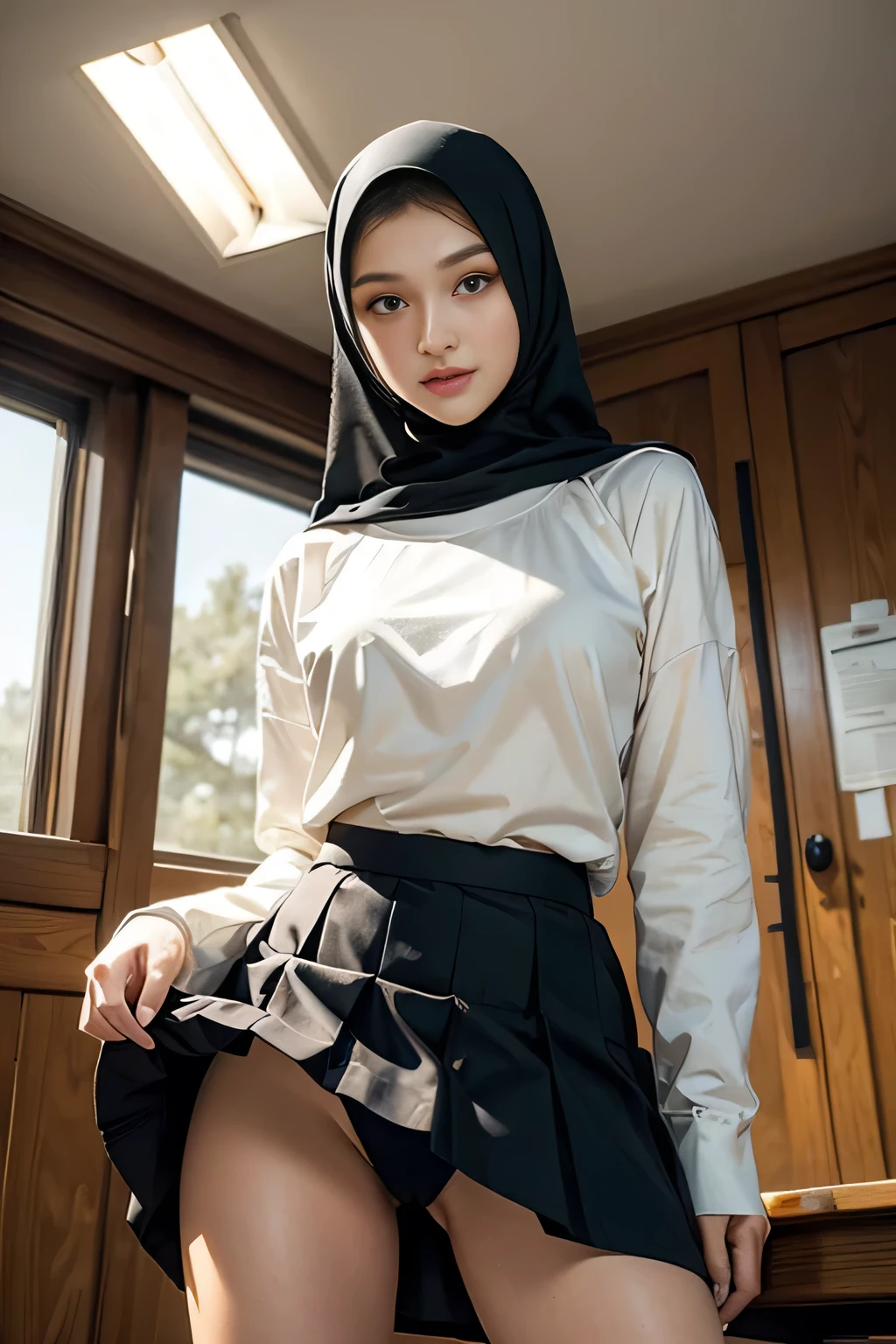 Beautiful, cute baby Face, 18 Years old Bella Hadid with hijab, cute face,super detailed face,detailed hand,beautiful skin,oily skin,big eyes,profeccional lighting,brown beautiful eyes, big smile,standing, (skirt lift:1.2),big breasts, (sailor suit),(checked skirt), panties, black high socks, spread legs, she is looking at the camera,classroom, from below,
