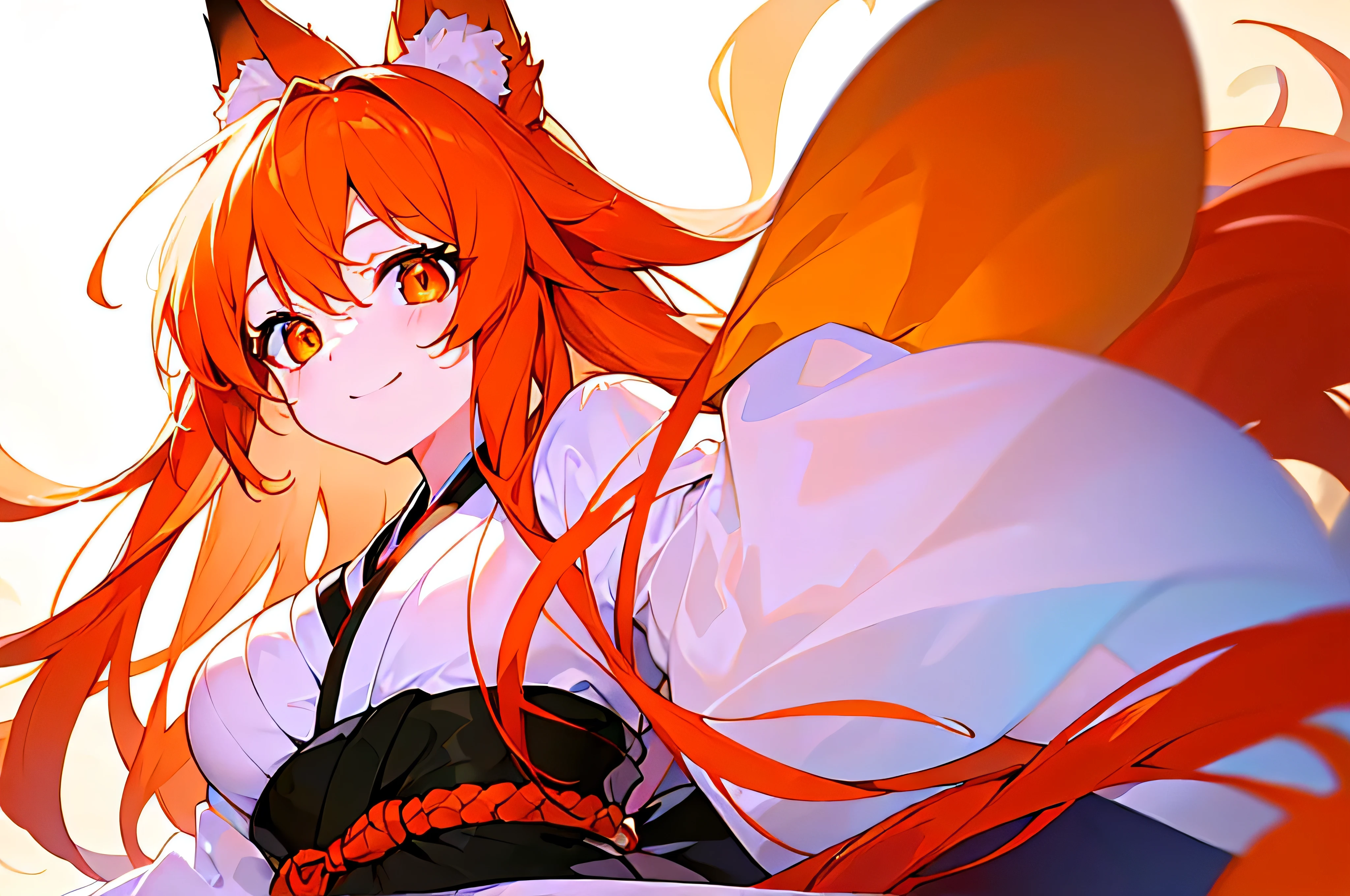 [(WHITE BACKGROUND:1.5),::5], ((((masterpiece)))), high quality, full color, breasts, from_below, focus on eyes, girl, woman, female, young, 20 years old, long hair, big hair, orange hair, light smile, fox_ears, (orange eyes), japanese_clothes,