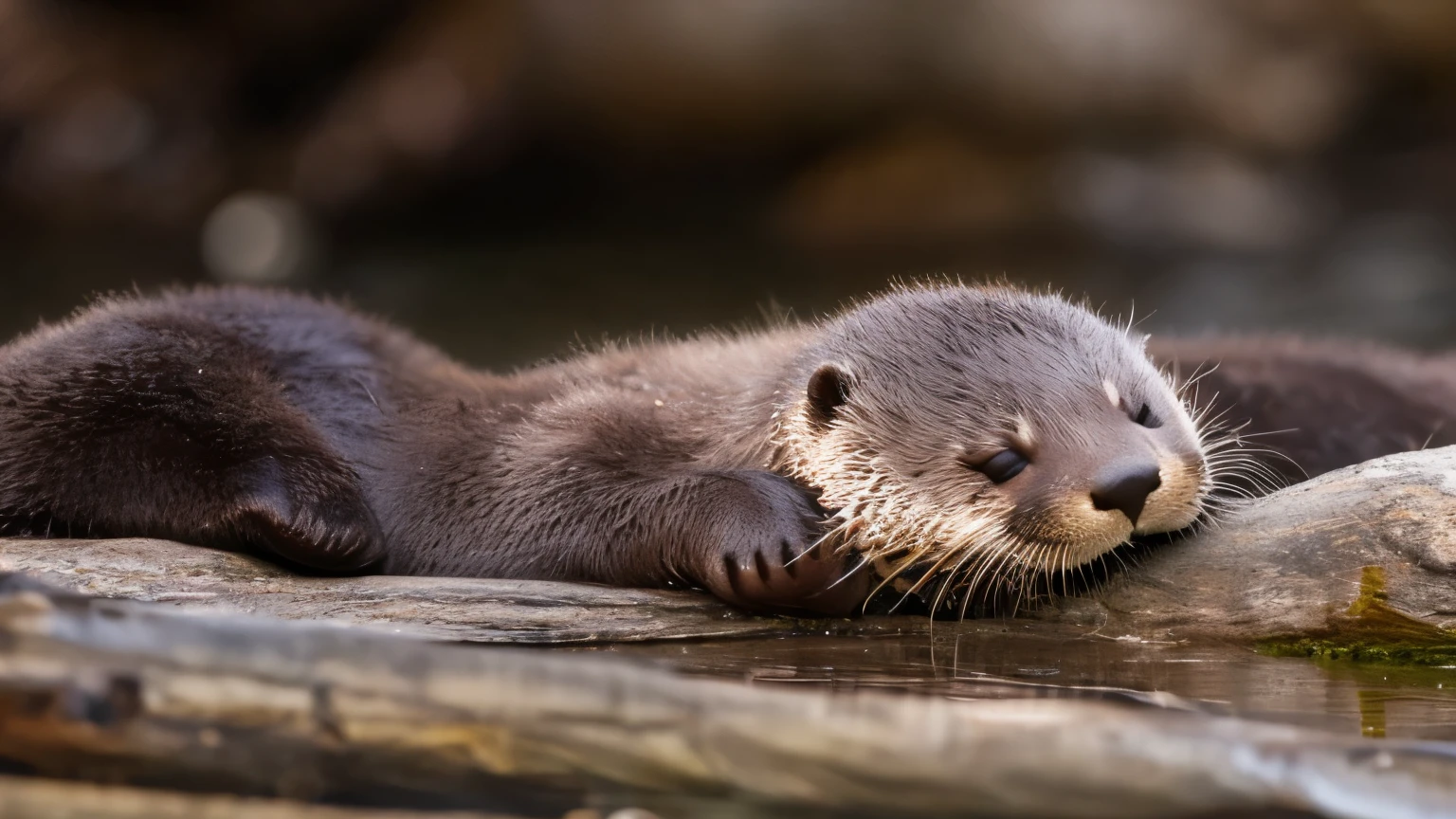 A  otter sleeps soundly with its eyes closed and breathing in its sleep.