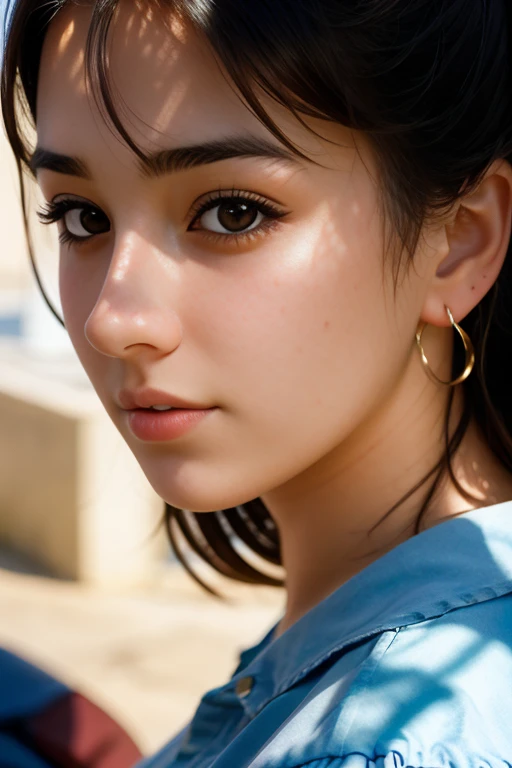 full color portrait of a young woman, natural light, epic character ,sharp focus, subsurface scattering, f2, 35mm, film grain