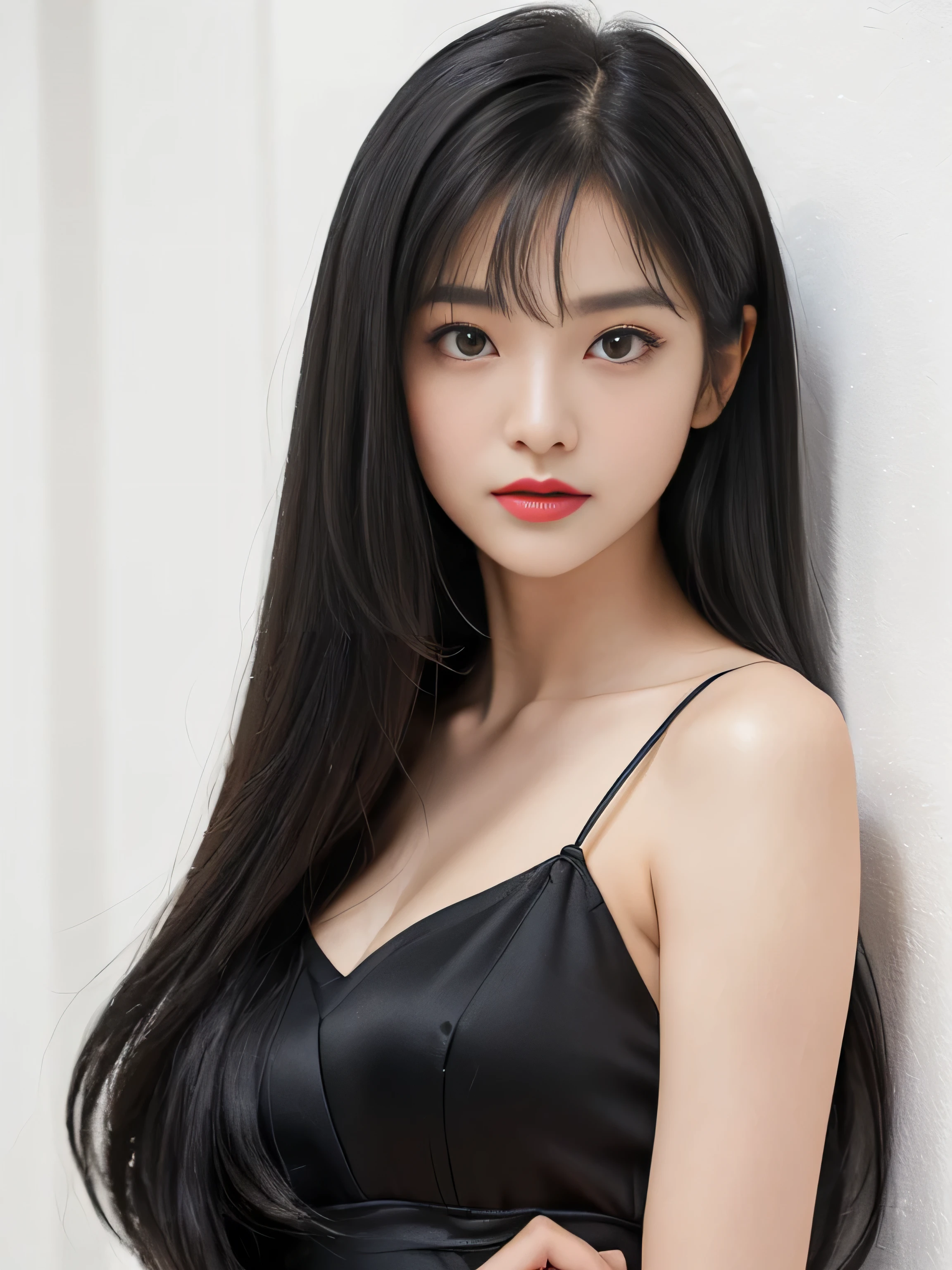 (1. Neck-up shot of a woman)　(She poses in front of a white wall in her room, Show as much hair as possible.:1.5)　(She randomly gives sexy looks to viewers　((highest quality))　((masterpiece))　(Familiar)　(Get used to it)　(Pure white wall background:1.8. Photo of upper body from waist up)　(The most beautiful and sensual 18-year-old hair model in Japan)　(Very shiny and voluminous, Very straight!!!　The highest quality and most detailed, incredibly long, jet black hair hangs down widely on both sides of the body.　The hair on the back is neatly trimmed　Her highest quality and highest detail of ridiculously long everlasting extraordinarily long jet black hair is very long hair!!!　Her beautiful jet black hair is very long!!!　Her hair is very black!!!　length hair down to the waist!!!　length hair down to the waist!!!　length hair down to the waist!!!　length, Shiny black hair, black silky hair, detailed length black hair, length black straight hair, long Straight black hair, length black hair, thick shining black hair, length black hair, Straight black hair, length and free straight black hair, Perfect Silky Straight Hair, Extra Dark Natural Black Hair, very length black hair)　(Her bangs are neatly trimmed, Full van:1.3)　(She received a beautiful make-up done by a professional make-up artist...　Exquisite texture:1.4　Bright red lipstick　Beautiful black eyeliner)　(She is wearing a shiny random color silk camisole dress.)　　(She has a typical Japanese body type and typical Japanese skin color...、The skin has fine details)　(Her face is perfect, Slim and dignified.　 double eyelid　Squint your eyes:1.1)　(She has a sensual look and feel.)　(Genuine RAW photos taken by professional photographers using SLR cameras)　((Rich 1.4))　(Extremely detailed 8K)　(Exquisite texture1.4)　(Actual, Vibrant:1.4),　Sharp focus:1.2、Beautiful woman:1.4　Dynamic Lighting　(Genuine RAW photos taken by professional photographers)　(She is wearing a smooth silk camisole dress..)