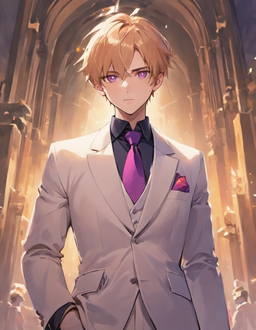 anime.Constantine the Great, Roman Emperor Constantine the Great resurrected in modern times。34 years old。one adult male。Long body。broad shoulder。thick neck。eyes like a lion。Bright and sharp eyes。Looking here。Sincere and kind。Kind and reliable。Deal with it sternly if necessary.。talented and hardworking businessman。successful gentleman。careerist。he is wearing a high quality white suit。dark purple tie。Light purple shirt。forceful。An overwhelming sense of control。romance novel hero。Bold composition。look up to。lyrical。Dramatic。heartful。Romantic。opulent。elegan。elegance。Venice background in the sunset。​masterpiece。top-quality。Super beautiful。The ultra -The high-definition。detaileds。exquisite。