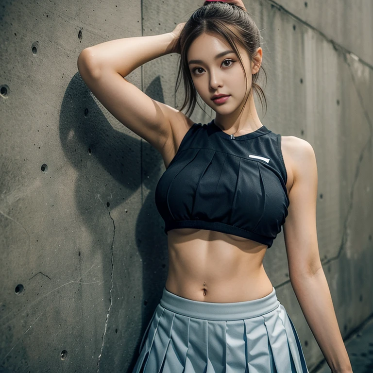 1 the most beautiful girl, standing, (from head to thigh, tennis-wear, super-low-rise-pleats-mini-skirt, :1.5),　(fine-featured the cutest shy face:1.5), (huge massive and well balanced round breasts:1.2),　front body, fitness body, having abs, accurate human well-proportioned body, long arms and foots, Russian French Japanese and Korean mixed face, 25 years old, no-makeup, dark brown ponytail hair, Beautiful detailed eyes, Basement concrete wall background,masterpiece, Best Quality, Photo-realistic, Ultra-detailed, High resolution, professional lighting, 