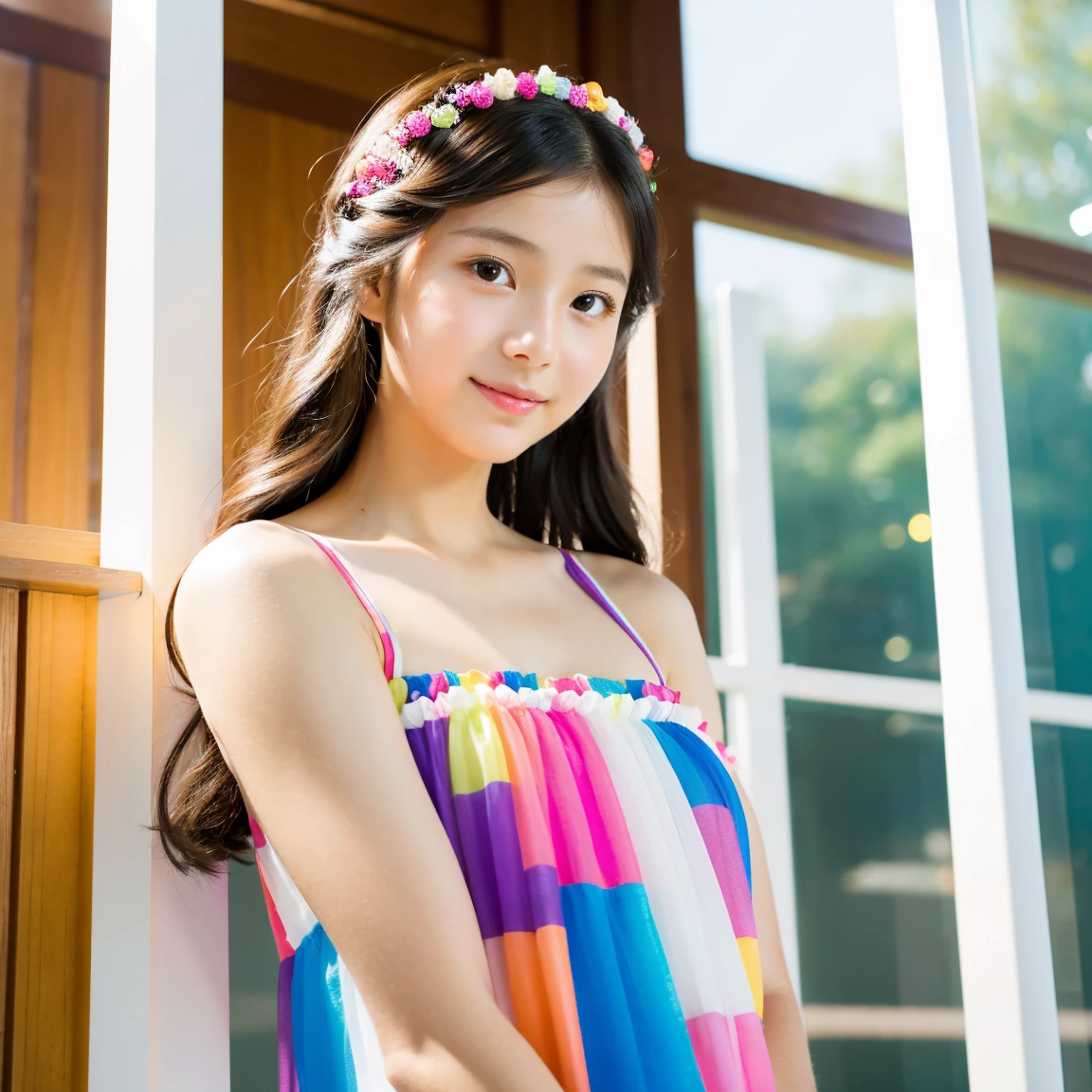 (Real Photographic Image) Realistic woman, ultra-modern Toho Japanese style in fashionable clothes, gentle, elegant, mysterious beauty and color, innocent liveliness, lively live-action of a under 15-year-old girl actress, natural freshness, lively and vivid, natural transparency, delicate vitality, human skin feel, colorful beauty and harmonious style, kids, angel teen, junior, colorful beauty and harmonious style young girl, broad lighting + natural, strapless sheer costume, tiny transparent fashion, heaven kindergarten girl lady paradise princess, a little bit of joy