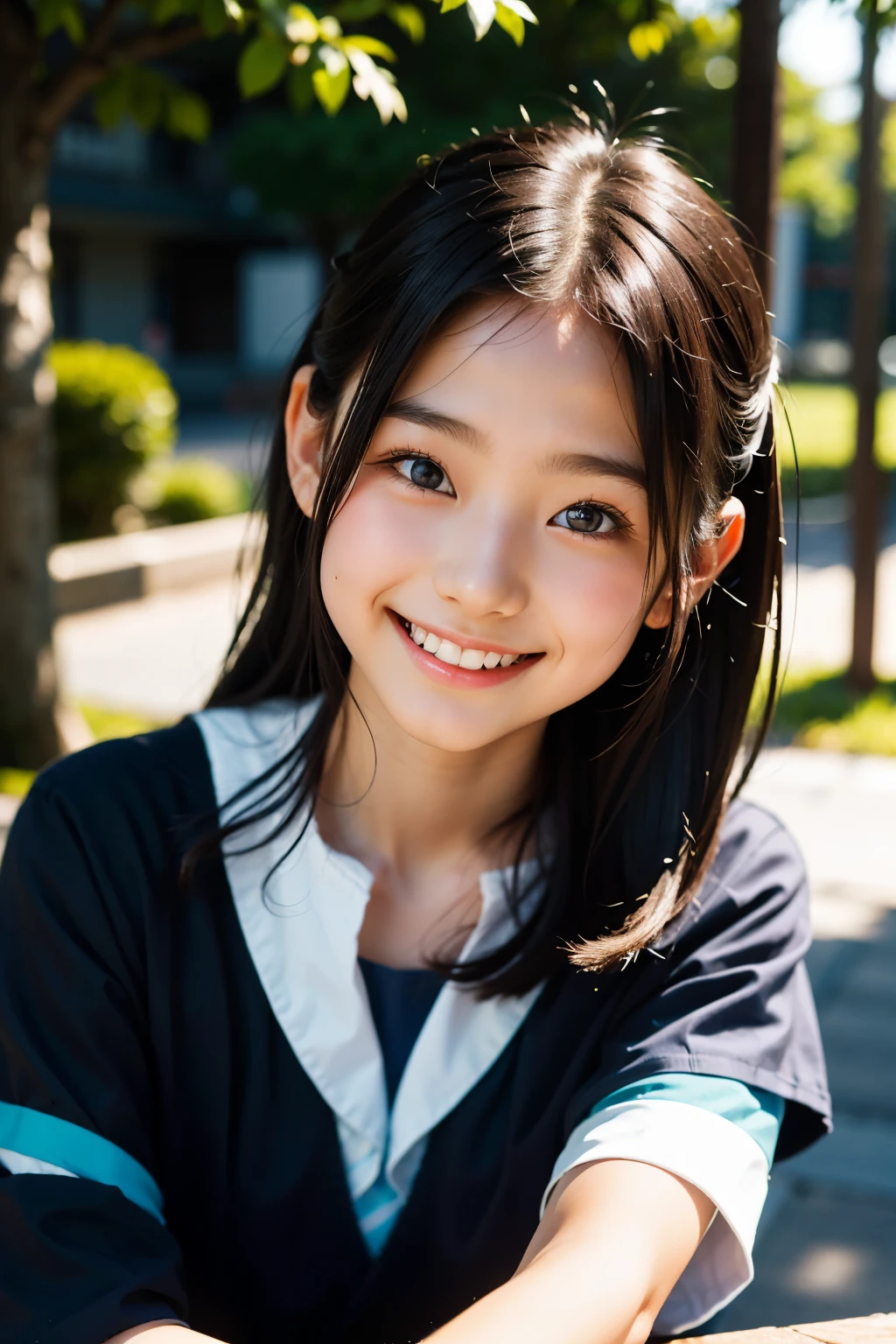 lens: 135mm f1.8, (highest quality),(RAW Photos), (Tabletop:1.1), (Beautiful  Japan girl), Cute face, (Deeply chiseled face:0.7), (freckles:0.4), dappled sunlight, Dramatic lighting, (Japanese School Uniform), (On campus), shy, (Close-up shot:1.2), (smile),, (Sparkling eyes)、(sunlight)