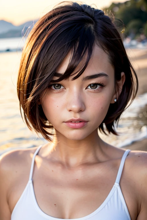 masterpiece、Ultra HD、clear、RAW UHD Format、 17-year-old girl, highest quality, Realistic, alone, Written boundary depth, Natural light, Charm, Beautiful Face, Melancholic expression、Crystal Clear、clean, Pure Face, Detailed skin texture, cute, short hair, Beach, sunset、sunset、sunset coast, Small breasts, whole body, ((Beautiful Face、detailed ioist eyes)), Micro Bikini