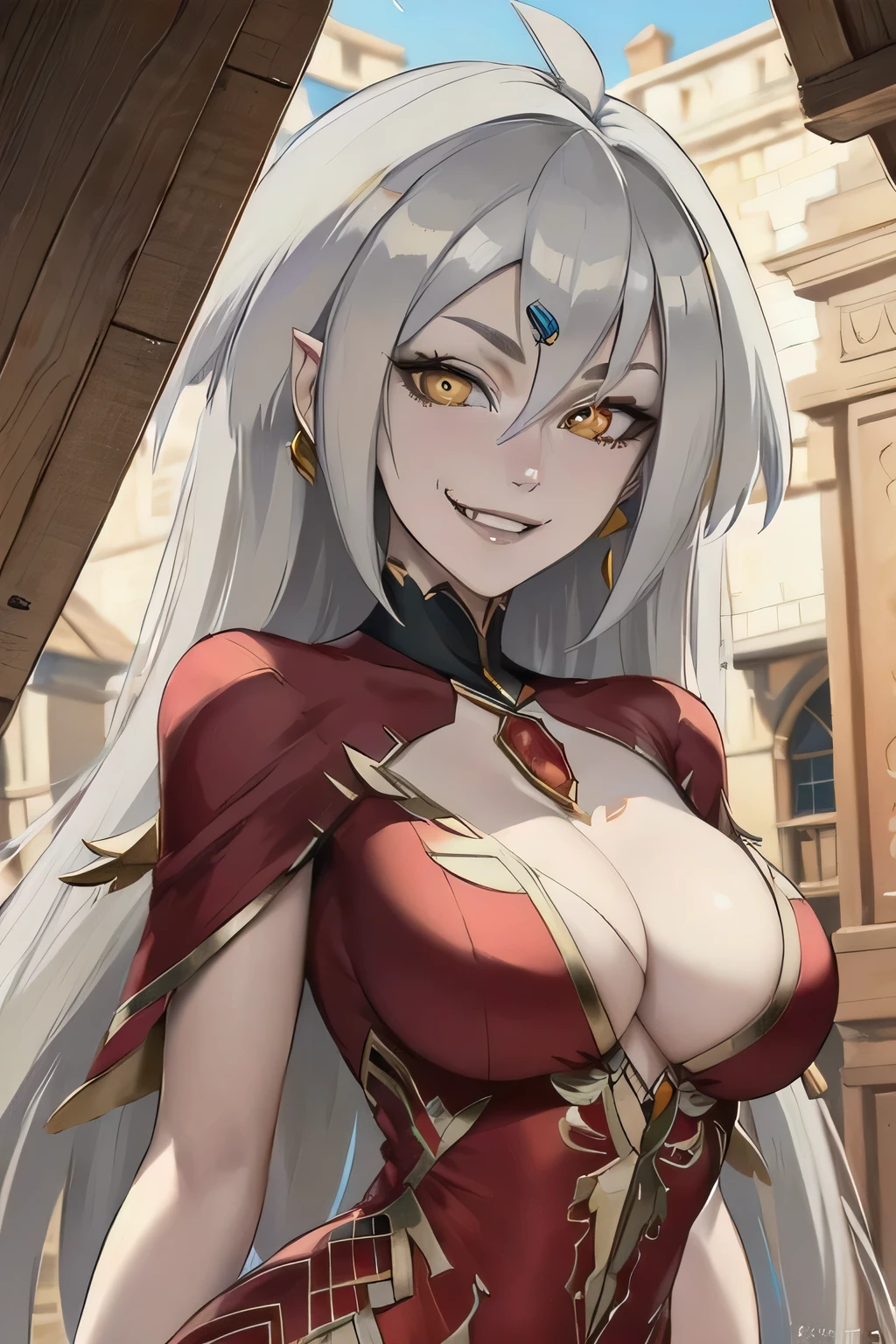 masterpiece, best quality, 1girl, solo, grey hair, long hair, yellow eyes, smile, grin, looking at viewer, fang, red dress, jewelry, looking at viewer, sunlight, delicated ilumination, highly detailed