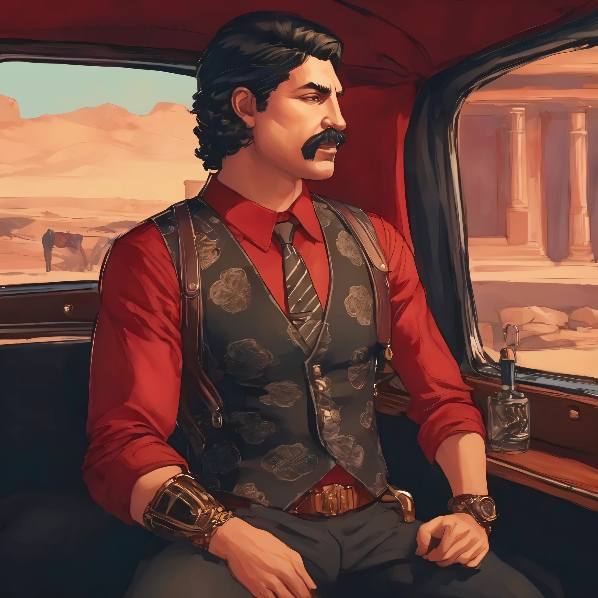 (obra maestra, Mejor calidad:1.2), 1 chico, solo, thenahualli, inside a limousine, serious, dangerous man, elegant, elegante, black vest, red shirt, sit, upper body, close up