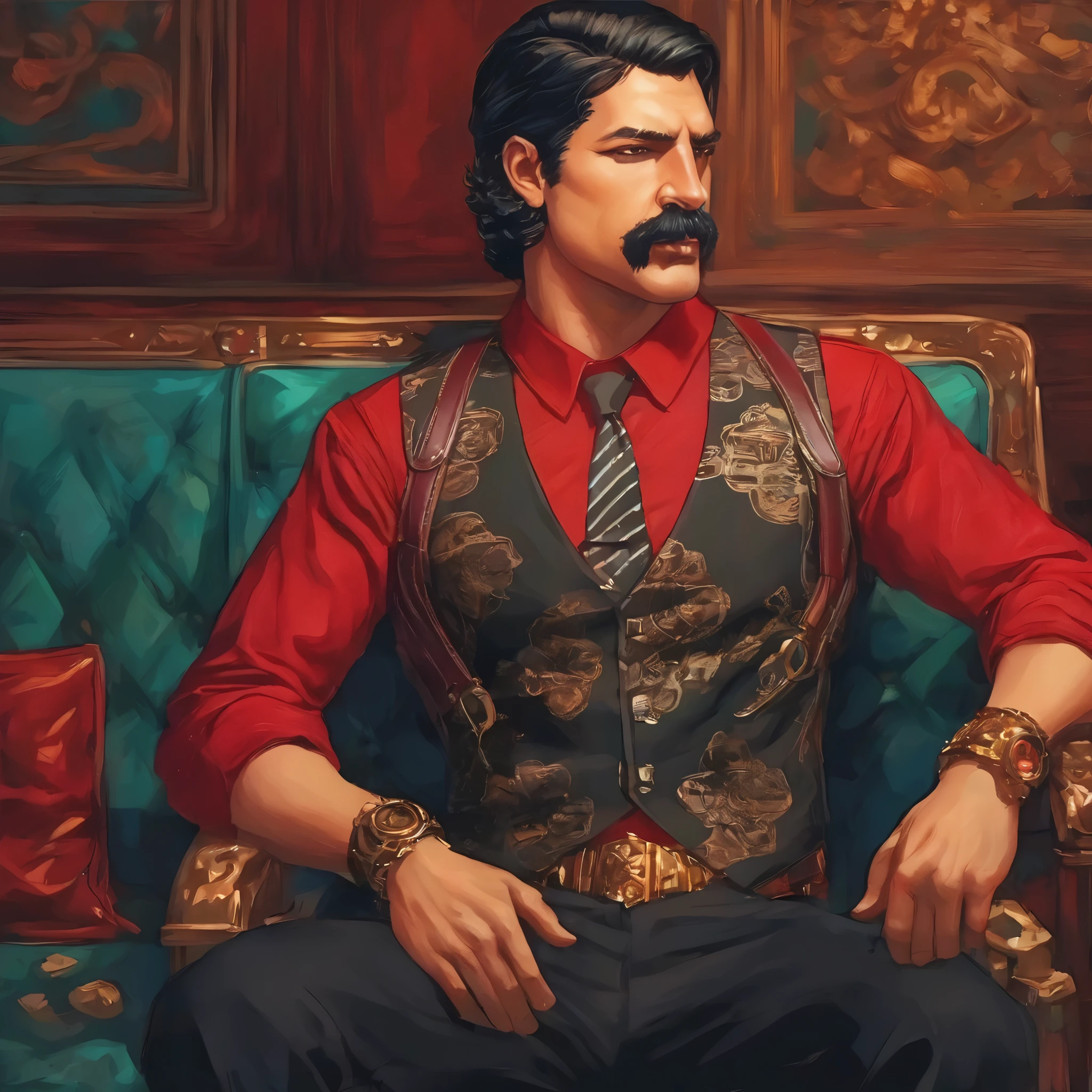 (obra maestra, Mejor calidad:1.2), 1 chico, solo, thenahualli, inside a limousine, serious, dangerous man, elegant, elegante, black vest, red shirt, sit, upper body, close up