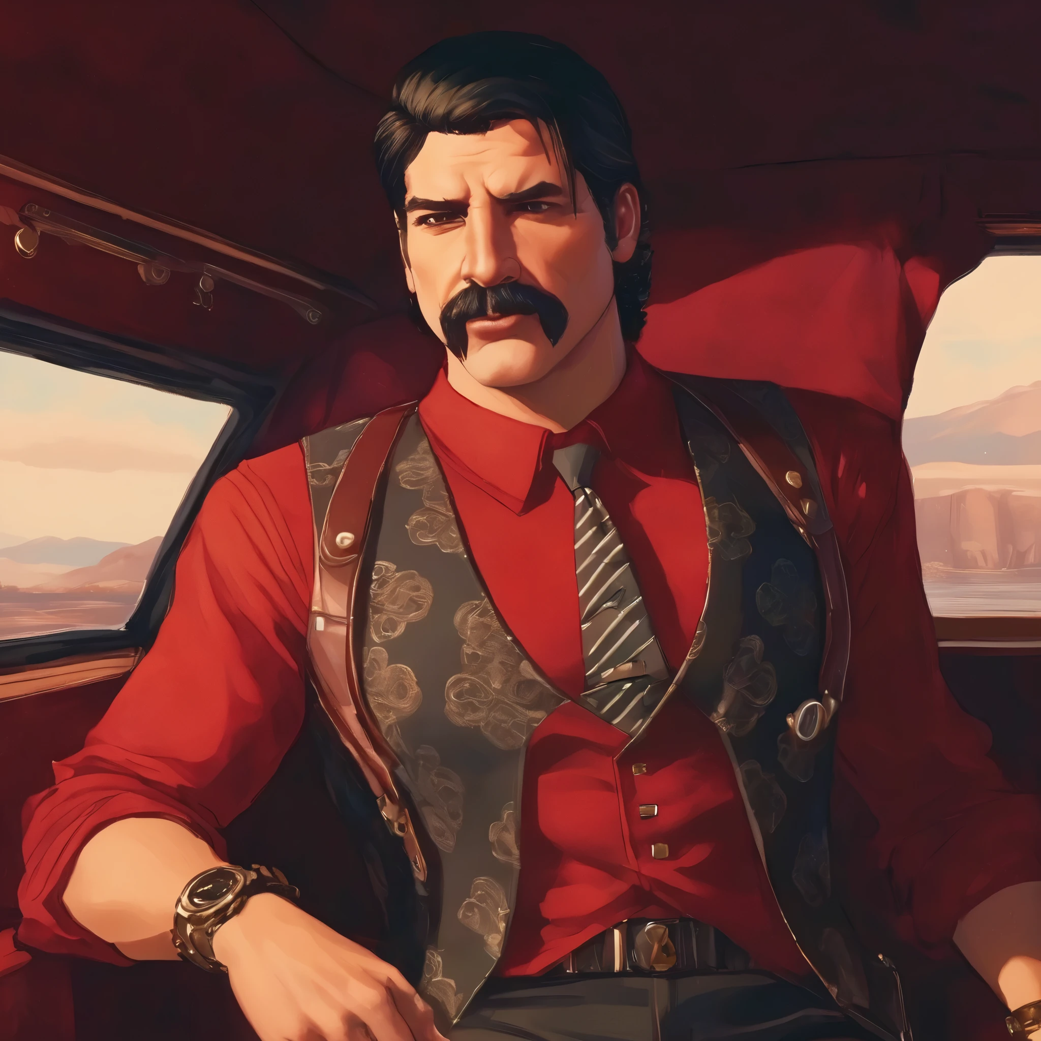 (obra maestra, Mejor calidad:1.2), 1 chico, solo, thenahualli, inside a limousine, serious, dangerous man, elegant, elegante, black vest, red shirt, sit, upper body, close up