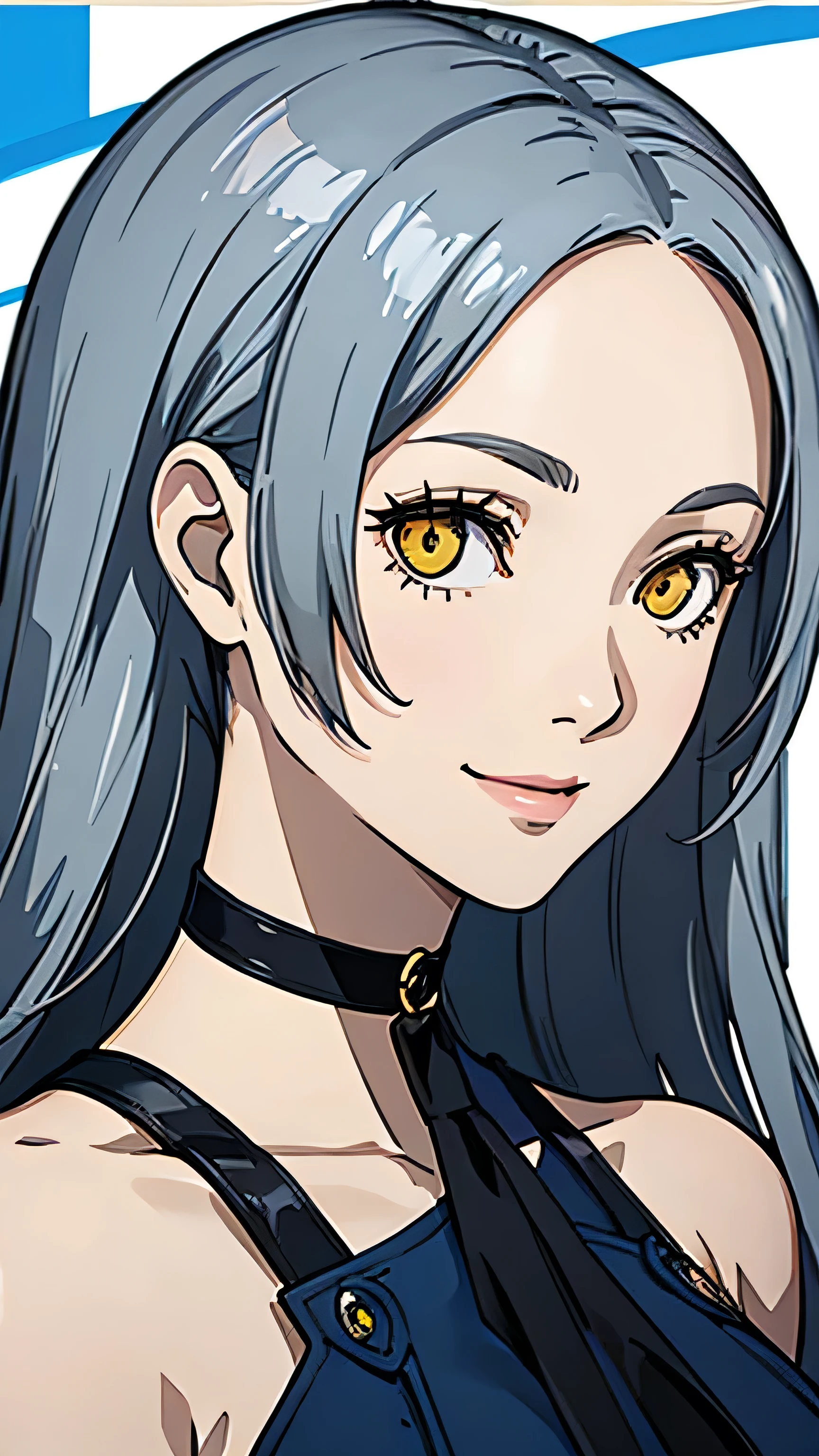 1 girl, Long hair, gray hair, yellow eyes, smile, blue phthalo outfit, velvet room blue phthalo dress, portrait, forehead, choker