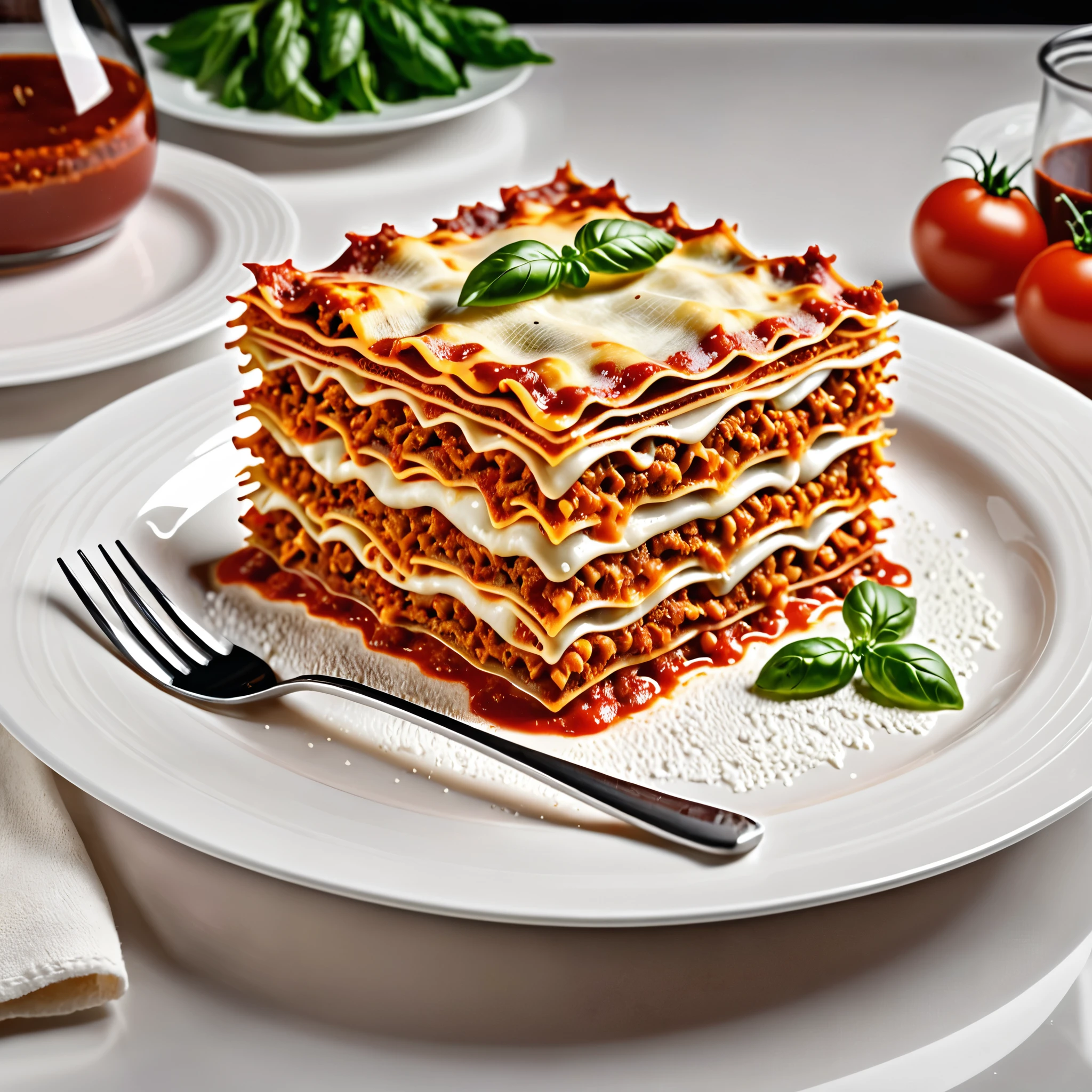 A creamy and tasty lasagna, in a transparent glass bowl, on a table, tomato sauce covering the lasagna, and a small vegetable in the sauce, white ceramic plates around the lasagna.very detailed, well defined, ultra resolution, masterpiece,

