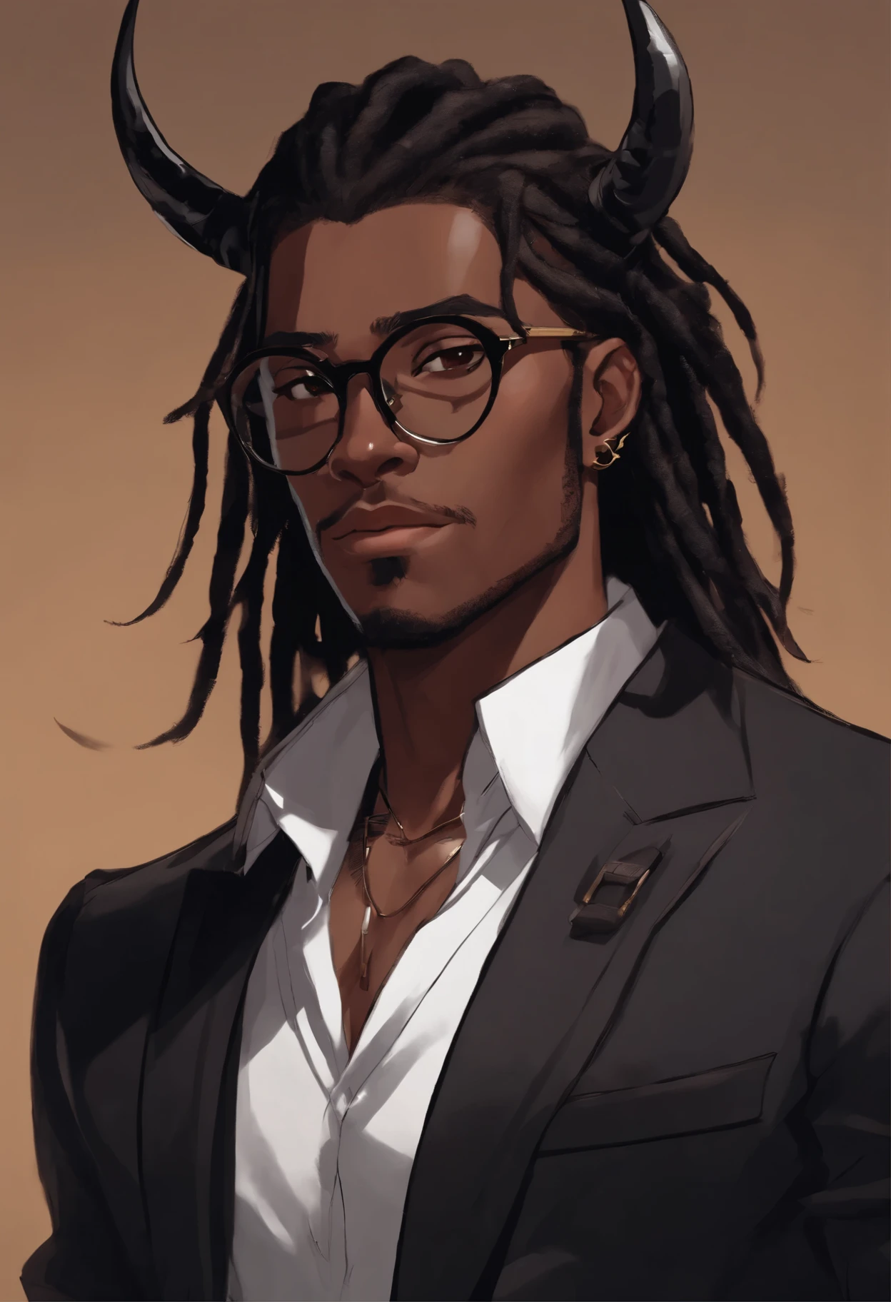Dark skinned young man with brown eyes black long demonic horns and a black suit, black dreadlocks, shoulder length dreadlock style hair, stubble beard, wearing black nerd glasses in an anime style, colored sketch, unrealistic character concept, character concept portrait, detailed character portrait, anime style character, anime style portrait, a character portrait, cel - shaded art style, His attire consists of a black, unbuttoned suit with gold colored buttons on the front of the blazer and on the bottom of his sleeves and he wears a white v-neck shirt, black pants, a large black belt with a silver buckle, a smaller black belt that hangs loose on the side of his hip, and has on tan shoes with black buckles.
