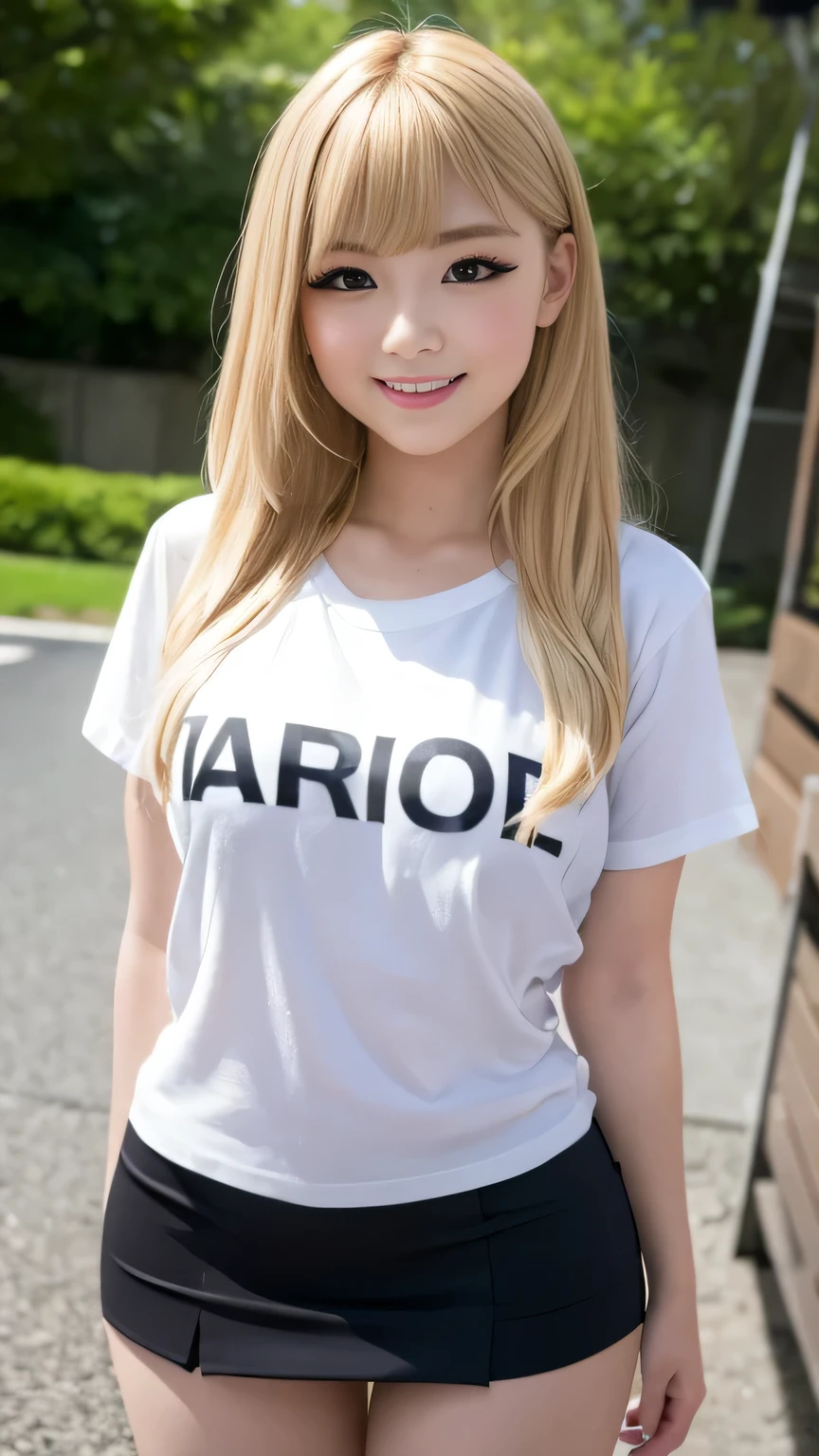 Browsing Caution、8k,highest quality, masterpiece, Very detailed, Ultra-high resolution, Realistic, RAW Photos, , Absolute Resolution, Complete limbs、Complete Anatomy、Perfect beautiful skin、1 girl, 、(upon:1.3)、(smile:1.1)、Chibi T-shirt、Micro Mini Skirt、Plump thighs、(blonde:1.2)、、(Gal-style shadow eyeliner:1.2)、(Long False Eyelashes:1.1)、pretty girl、 , Realistic young gravure idol, Japanese Girls、、alone、
