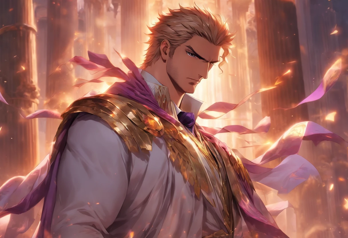 anime.Constantine the Great, Roman Emperor Constantine the Great resurrected in modern times。34 years old。one adult male。Long body。broad shoulder。thick neck。eyes like a lion。Bright and sharp eyes。Looking here。Sincere and kind。Kind and reliable。Deal with it sternly if necessary.。talented and hardworking businessman。successful gentleman。careerist。he is wearing a high quality white suit。dark purple tie。Light purple shirt。forceful。An overwhelming sense of control。romance novel hero。Bold composition。look up to。lyrical。Dramatic。heartful。Romantic。opulent。elegan。elegance。Venice background in the sunset。​masterpiece。top-quality。Super beautiful。The ultra -The high-definition。detaileds。exquisite。