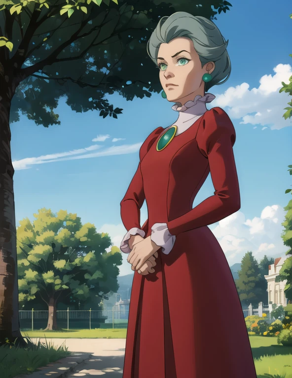 tremaine, green eyes, grey hair, large hair,eyeshadow,red dress, puffy long sleeves, green gem, small earrings, frills, looking at viewer, serious, standing, outside, park, trees, blue sky, high quality, masterpiece, 