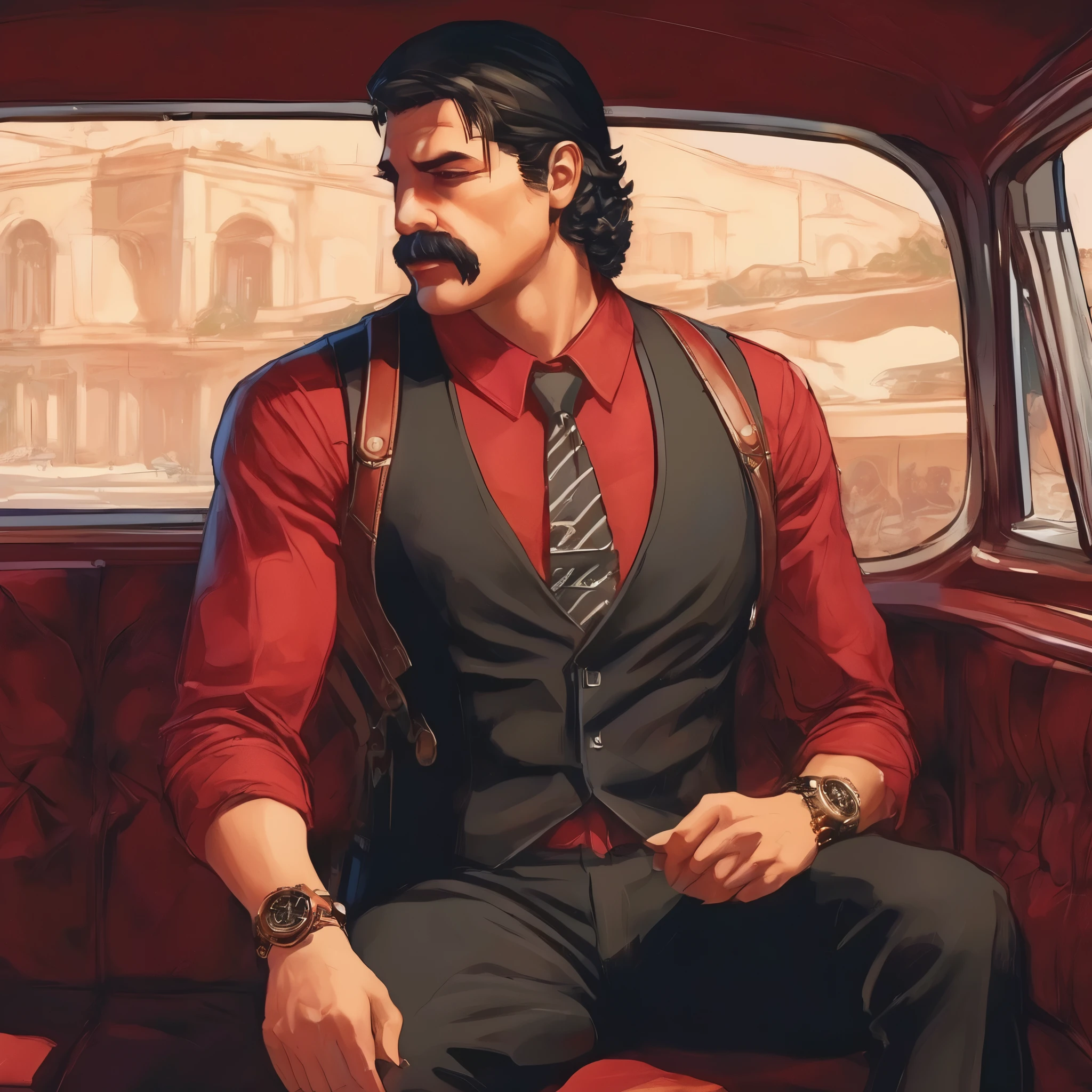 (obra maestra, Mejor calidad:1.2), 1 chico, solo, thenahualli, inside a limousine, serious, dangerous man, elegant, elegante, wearing a suit, vest, red shirt, sit
