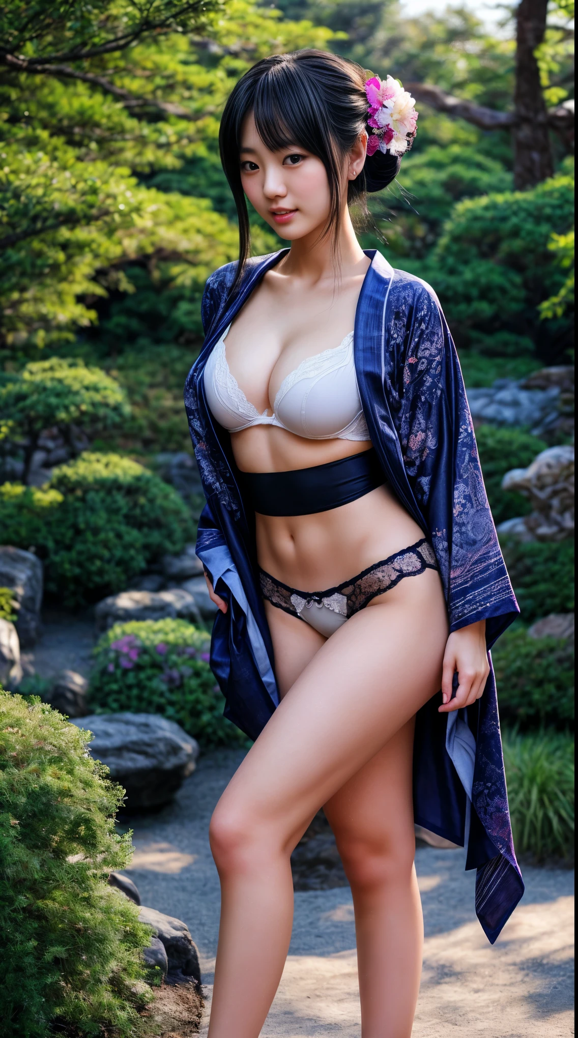 最high quality、high quality、Best image quality、8k、最High resolution、High resolution、最high quality、masterpiece、RAW Photos、whole body写真、Detailed and realistic human body、Detailed and realistic skin、Realistic face in every detail、Detailed and realistic eyes、Detailed and realistic lips、Detailed and realistic teeth、Detailed and realistic ears、Detailed and realistic hair、Realistic reproduction of every detail、Realistic fingers in every detail、(Perfect and beautiful hands、thumb1reference4)、Realistic feet down to the last detail、((Beautiful Japanese Girl))、(Japanese Model)、((18 year old beautiful girl))、(Black Hair)、(Straight hair)、((whole body))、(Slim and perfect figure)、(whole body光沢肌、Fair skin)、Soft natural light、(Maiko-san、geisha、kimono、Long-sleeved kimono、yukata、Japanese tradition、Samurai Residence、Japanese garden、((カラフルな花柄のkimono))、((Standing naturally in the garden(Poses to make your thighs look beautiful))、((Sexy panties visible between her thighs))