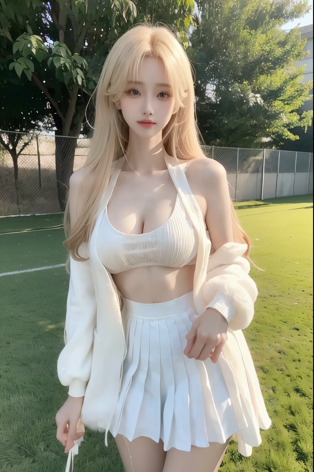 Beautiful woman with perfect body:1.4,Layered Hairstyle,Prominent cleavage,Highly detailed face and skin textures,Double eyelids,Skin Whitening,Long hair,Whitened long legs,blond,(Black coat,Pleated Skirt,White pantyhose)Standing on the sports field