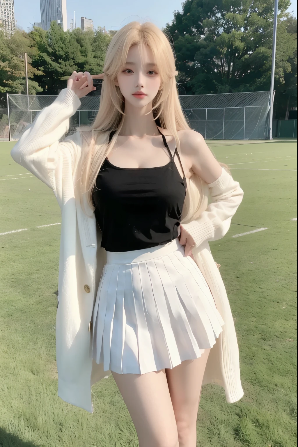 Beautiful woman with perfect body：1.4，Layered Hairstyle，Prominent ，Highly detailed face and skin textures，Double eyelids，Skin Whitening，Long hair，Whitened long legs，blond，（Black coat，Pleated Skirt，White pantyhosnding on the sports field