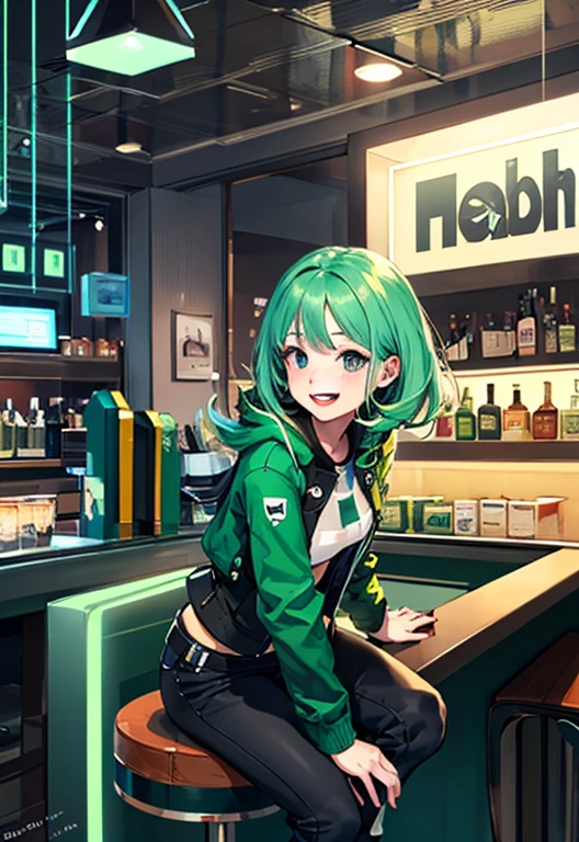 ((masterpiece)), (((best quality))), chromatic lighting,
colorized, green + white limited color palette,
detailed concept drawing,
Shibuya street girl, cyberpunk, futuristic,
portrait, 20yo 1girl, medium soft breasts, slender, jacket, combat-pants,, long green hair, black eyes, in a bar, Happy smiling