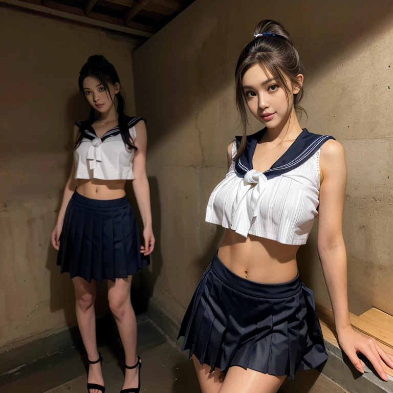 1 the most beautiful girl, standing, (from head to thigh, Japanese sailor , super-low-rise-pleats-mini-skirt, :1.5),　(fine-featured the cutest shy face:1.5), (huge massive and well balanced round breasts:1.2),　front body, fitness body, having abs, accurate human well-proportioned body, long arms and foots, Russian French Japanese and Korean mixed face, 25 years old, no-makeup, dark brown ponytail hair, Beautiful detailed eyes, Basement concrete wall background,masterpiece, Best Quality, Photo-realistic, Ultra-detailed, High resolution, professional lighting, 