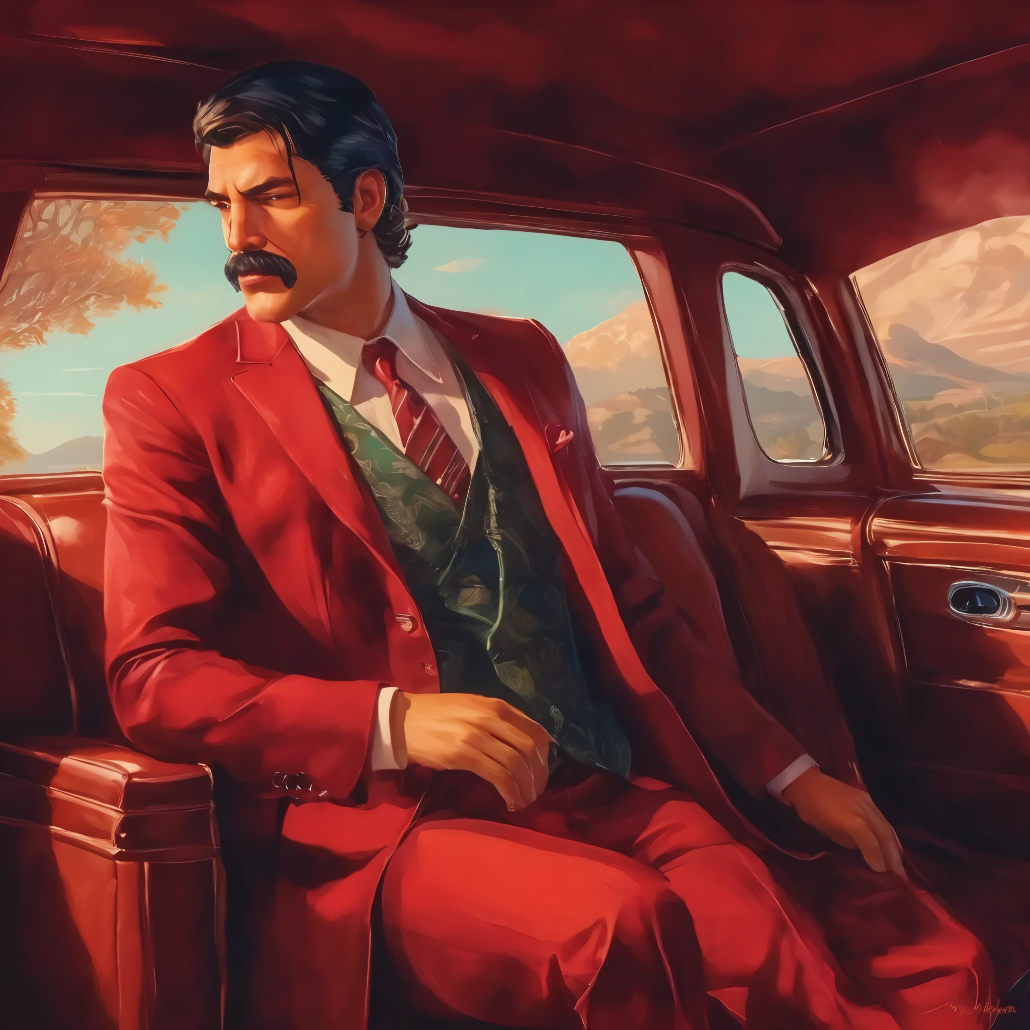 (obra maestra, Mejor calidad:1.2), 1 chico, solo, thenahualli, inside a limousine, serious, dangerous man, elegant, elegante, wearing a suit, vest, red shirt, sit